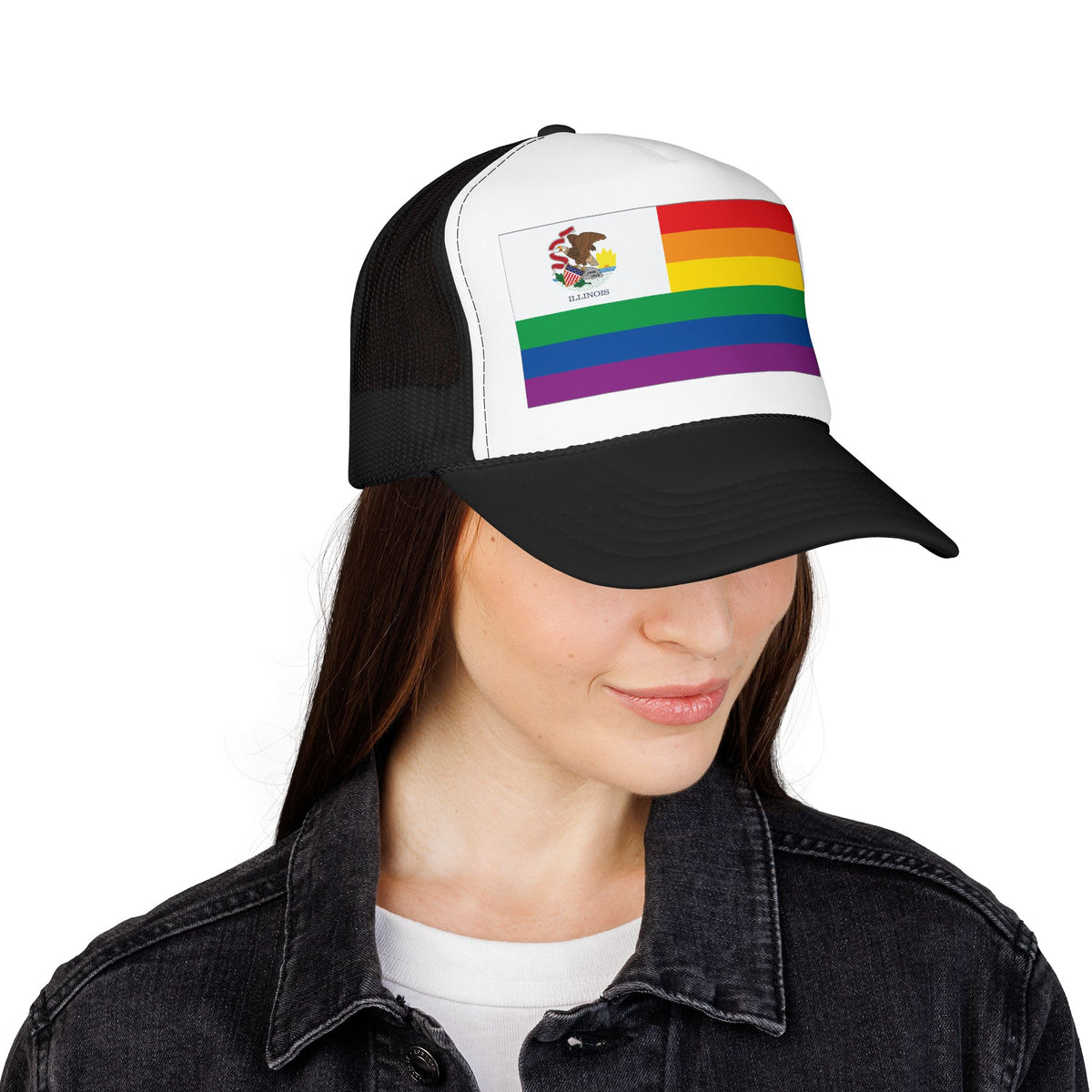 Illinois Rainbow Pride Flag "UNITED" Printed Foam Trucker Hat, Several Color Options