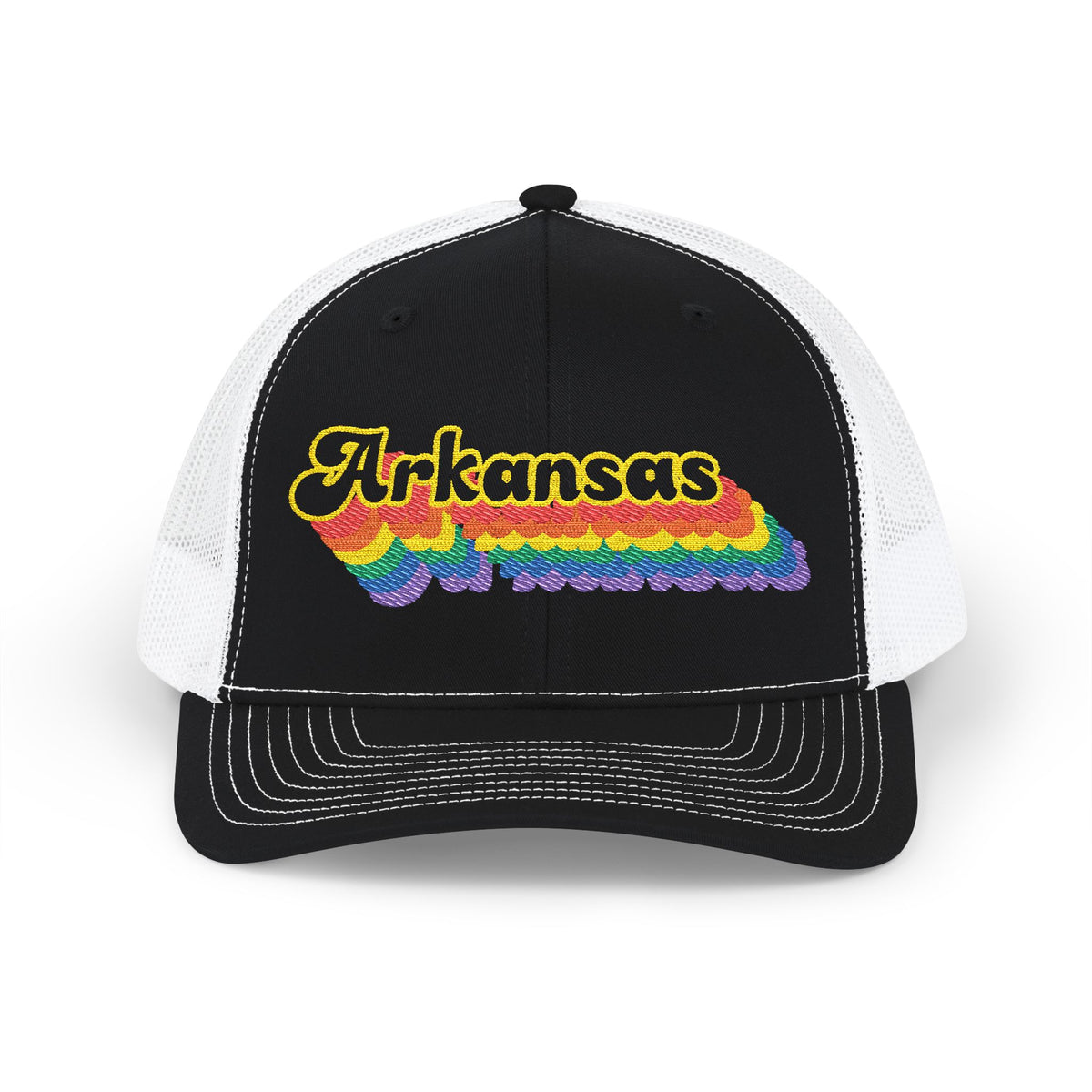 Arkansas Retro Rainbow Stack Embroidered Trucker, Snapback Trucker Cap, Black front with White mesh in back
