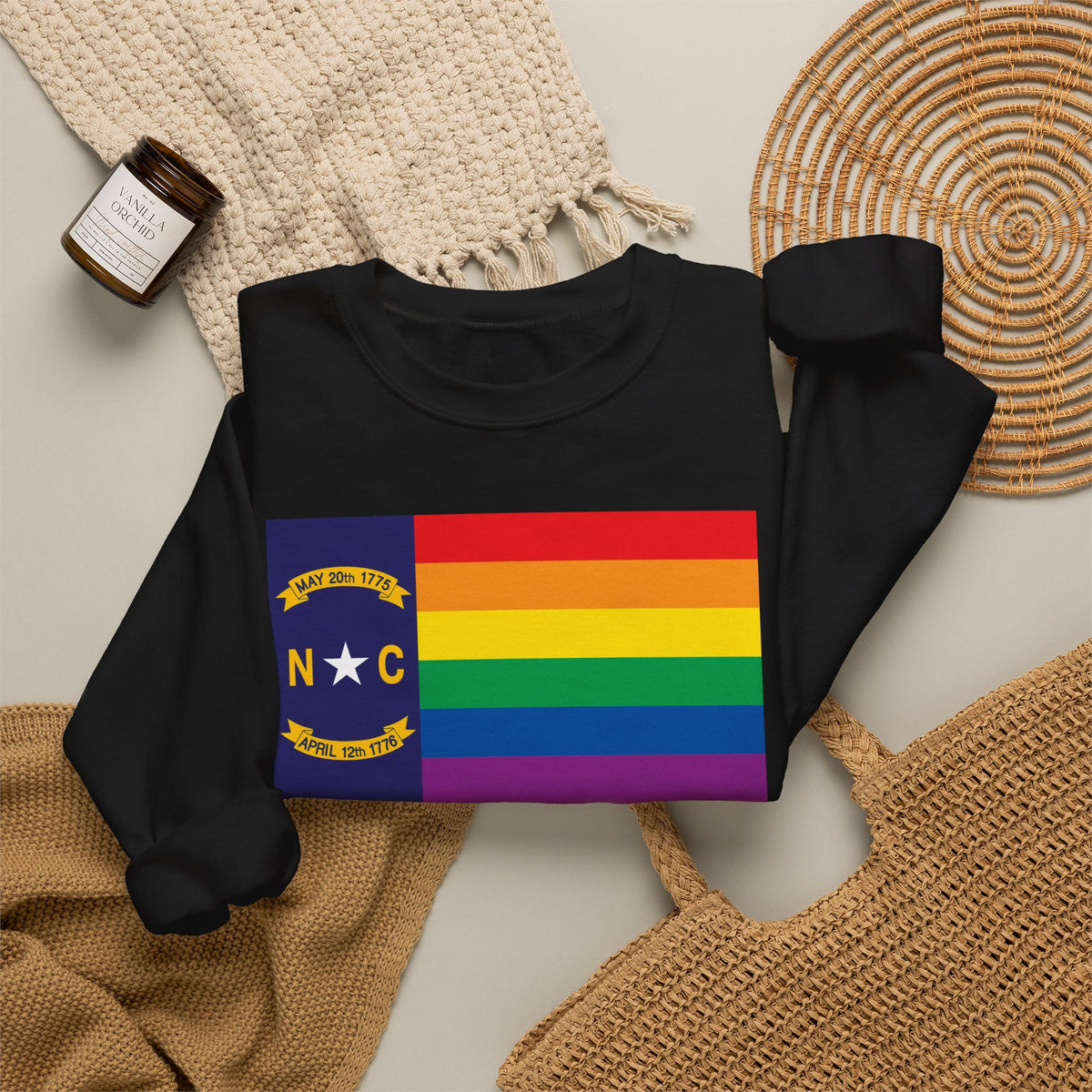 North Carolina Rainbow Pride Flag Unisex Crewneck Sweatshirt, White, Black or Light Pink