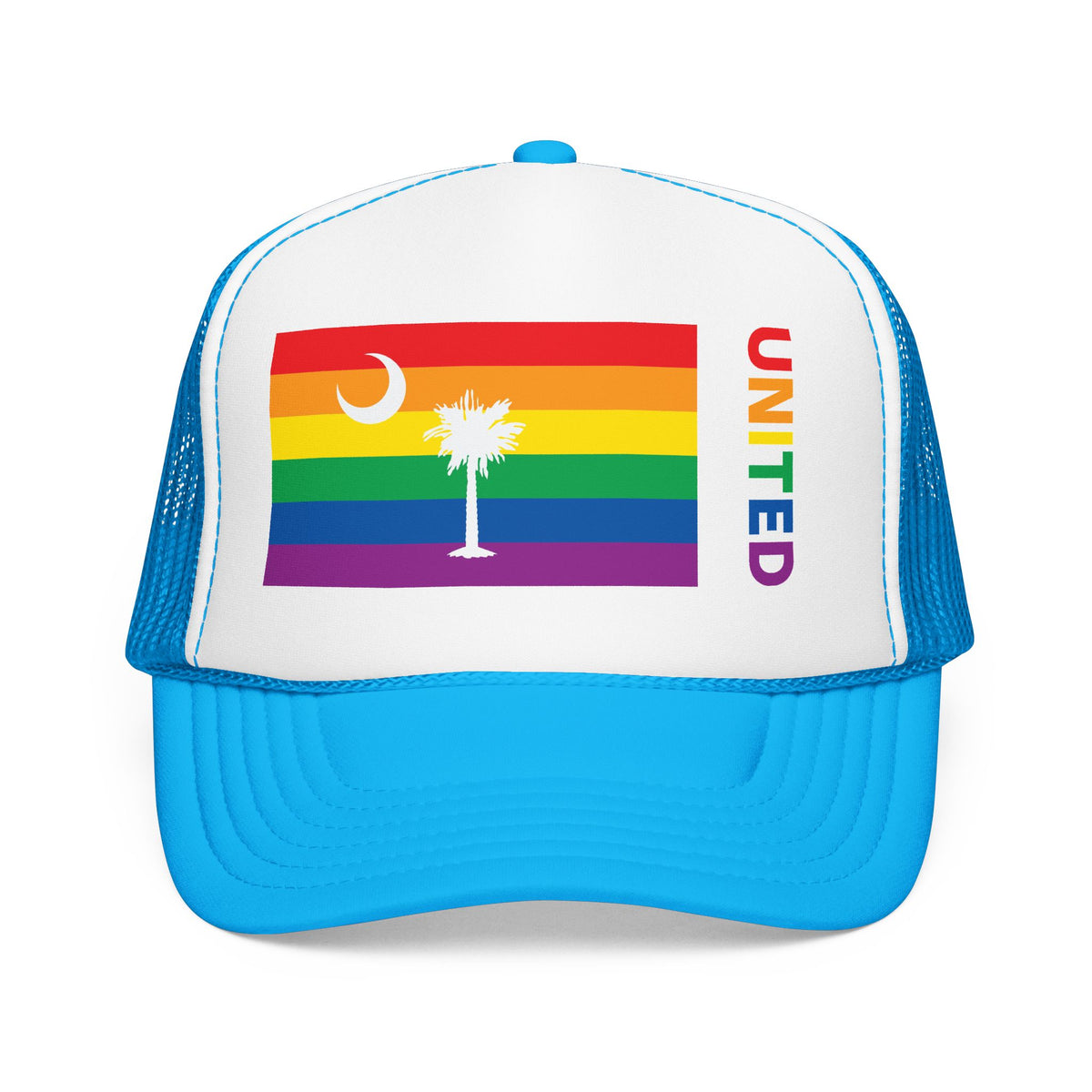 South Carolina Rainbow Pride Flag "UNITED" Printed Foam Trucker Hat, Several Color Options