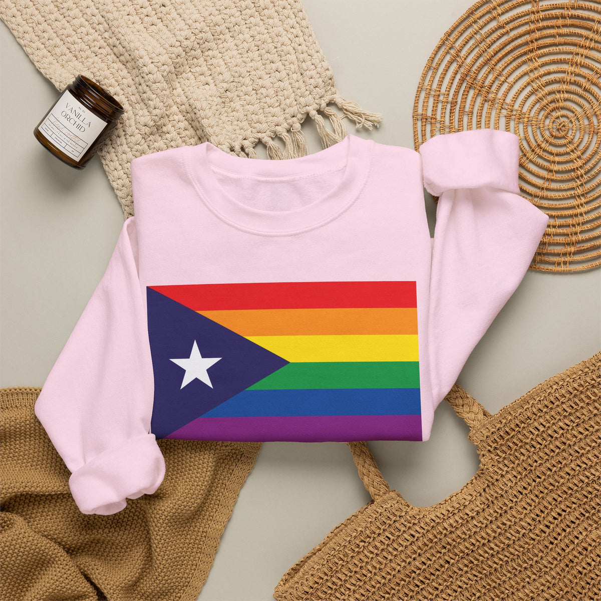 Puerto Rico Rainbow Pride Flag Unisex Crewneck Sweatshirt, White, Black or Light Pink