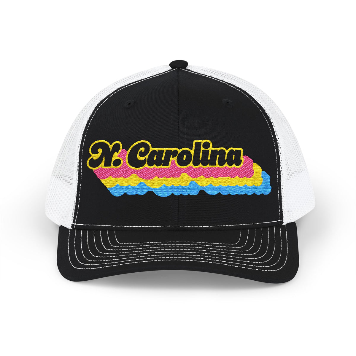 North Carolina Pansexual Pride Stack Embroidered Trucker, Snapback Trucker Cap, Black front with White mesh in back