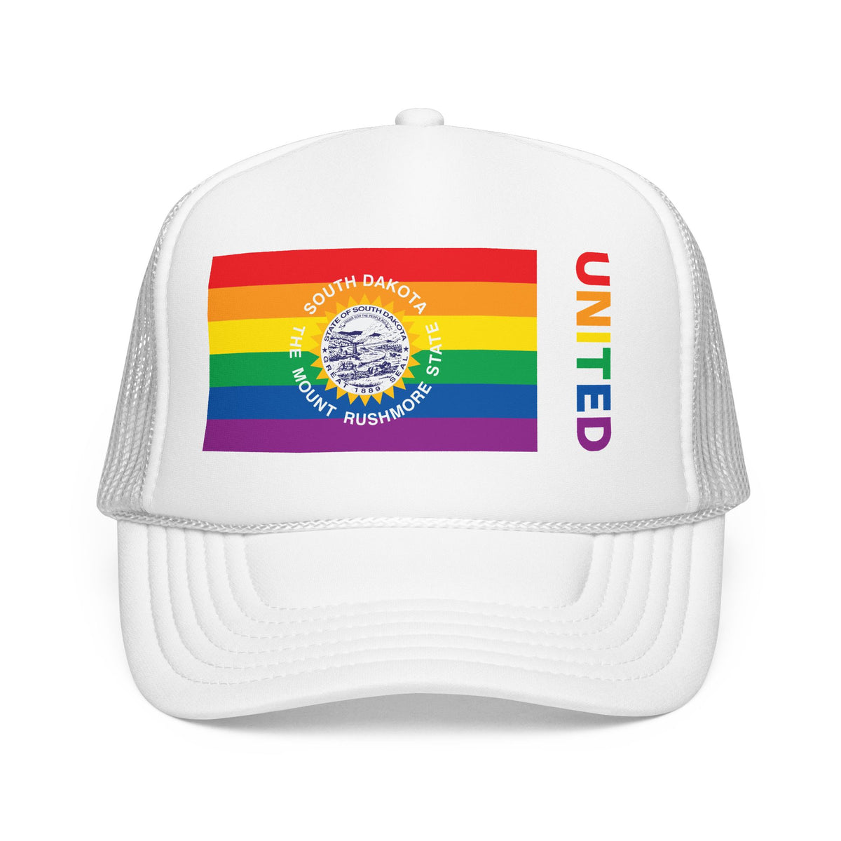 South Dakota Rainbow Pride Flag "UNITED" Printed Foam Trucker Hat, Several Color Options