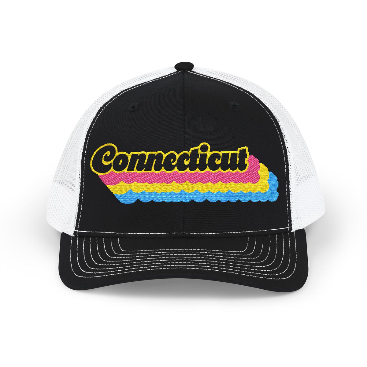 Connecticut Pansexual Pride Stack Embroidered Trucker, Snapback Trucker Cap, Black front with White mesh in back