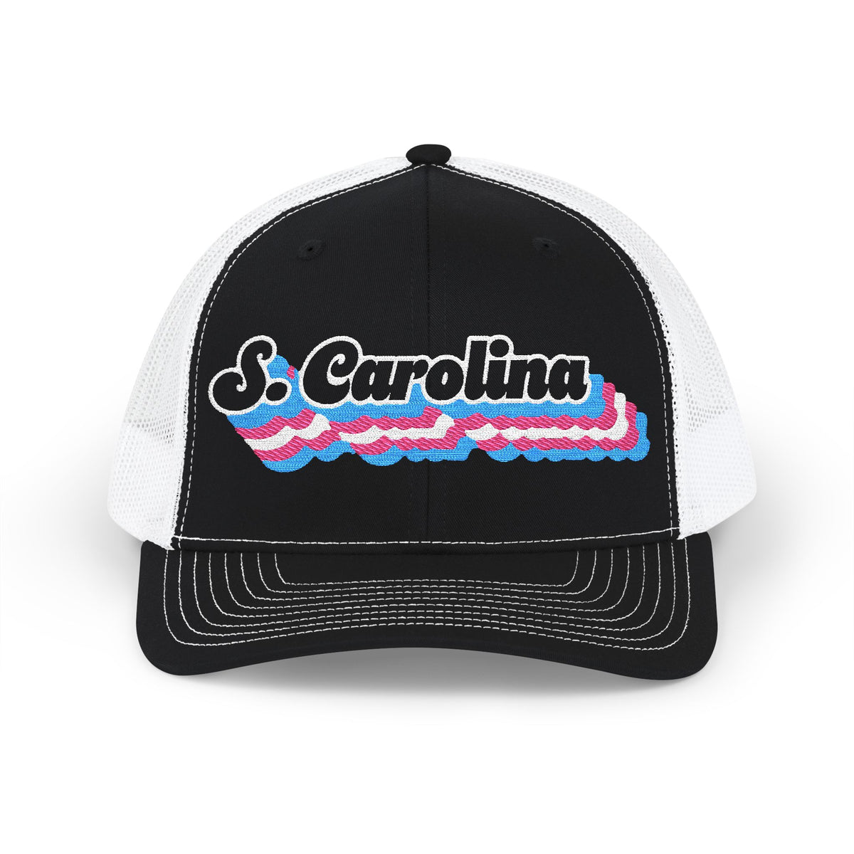 South Carolina Transgender Pride Stack Embroidered Trucker, Snapback Trucker Cap, Black front with White mesh in back