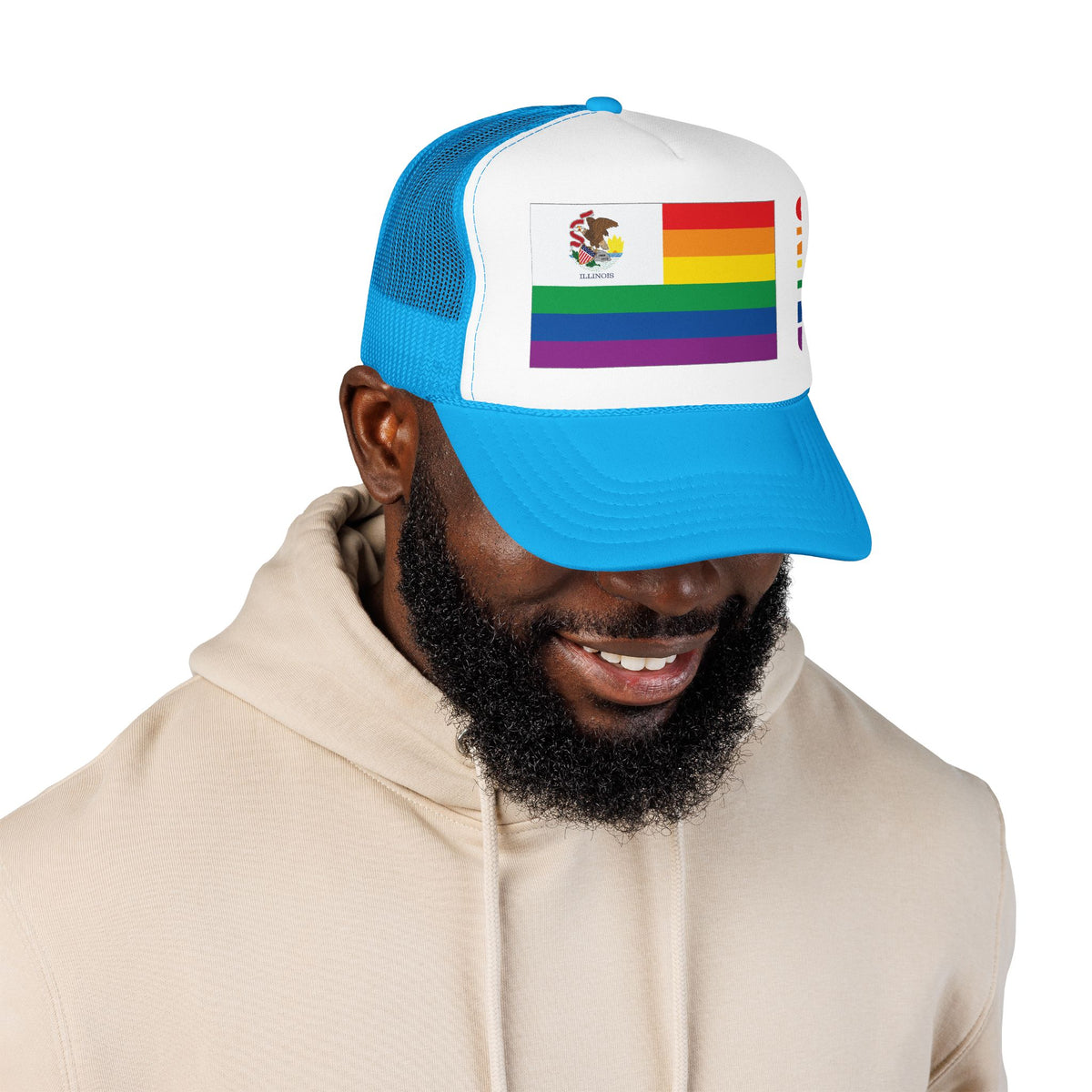Illinois Rainbow Pride Flag "UNITED" Printed Foam Trucker Hat, Several Color Options