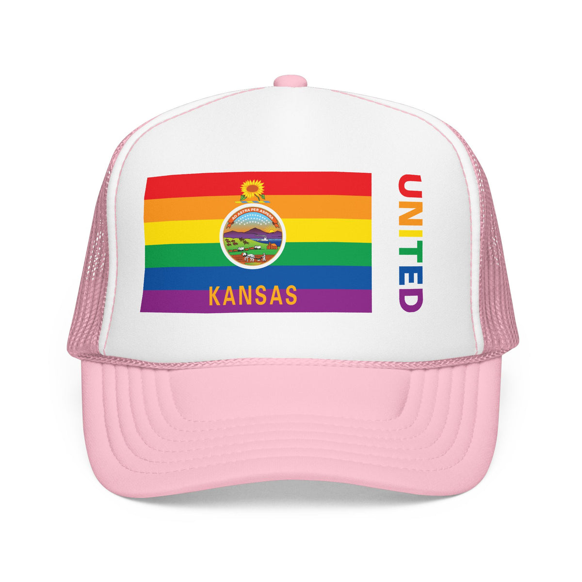Kansas Rainbow Pride Flag "UNITED" Printed Foam Trucker Hat, Several Color Options
