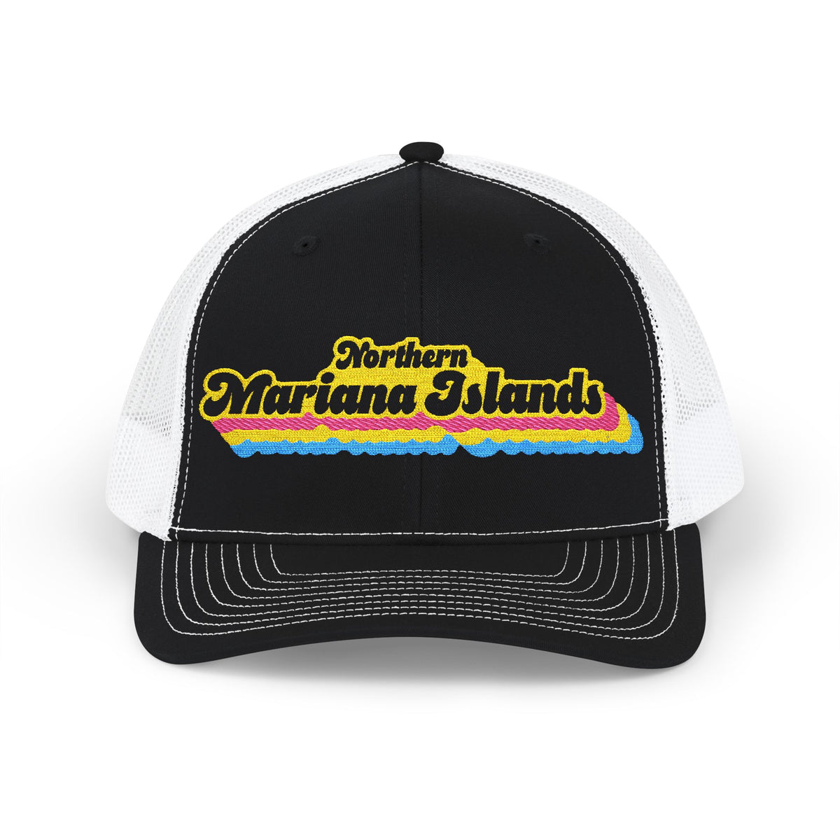 Northern Mariana Islands Pansexual Pride Stack Embroidered Trucker, Snapback Trucker Cap, Black front with White mesh in back