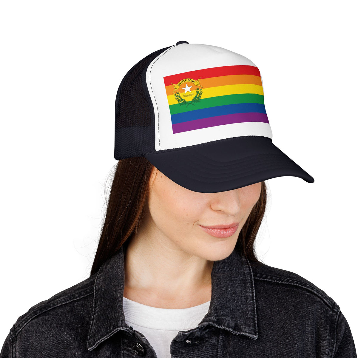 Nevada Rainbow Pride Flag "UNITED" Printed Foam Trucker Hat, Several Color Options