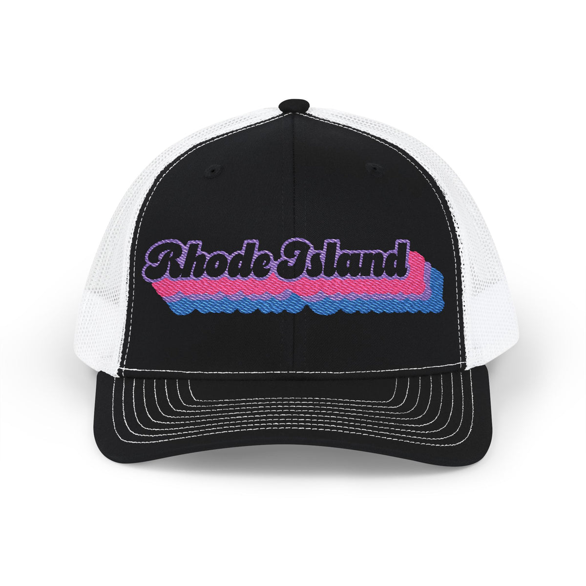 Rhode Island Bisexual Pride Stack Embroidered Trucker, Snapback Trucker Cap, Black front with White mesh in back