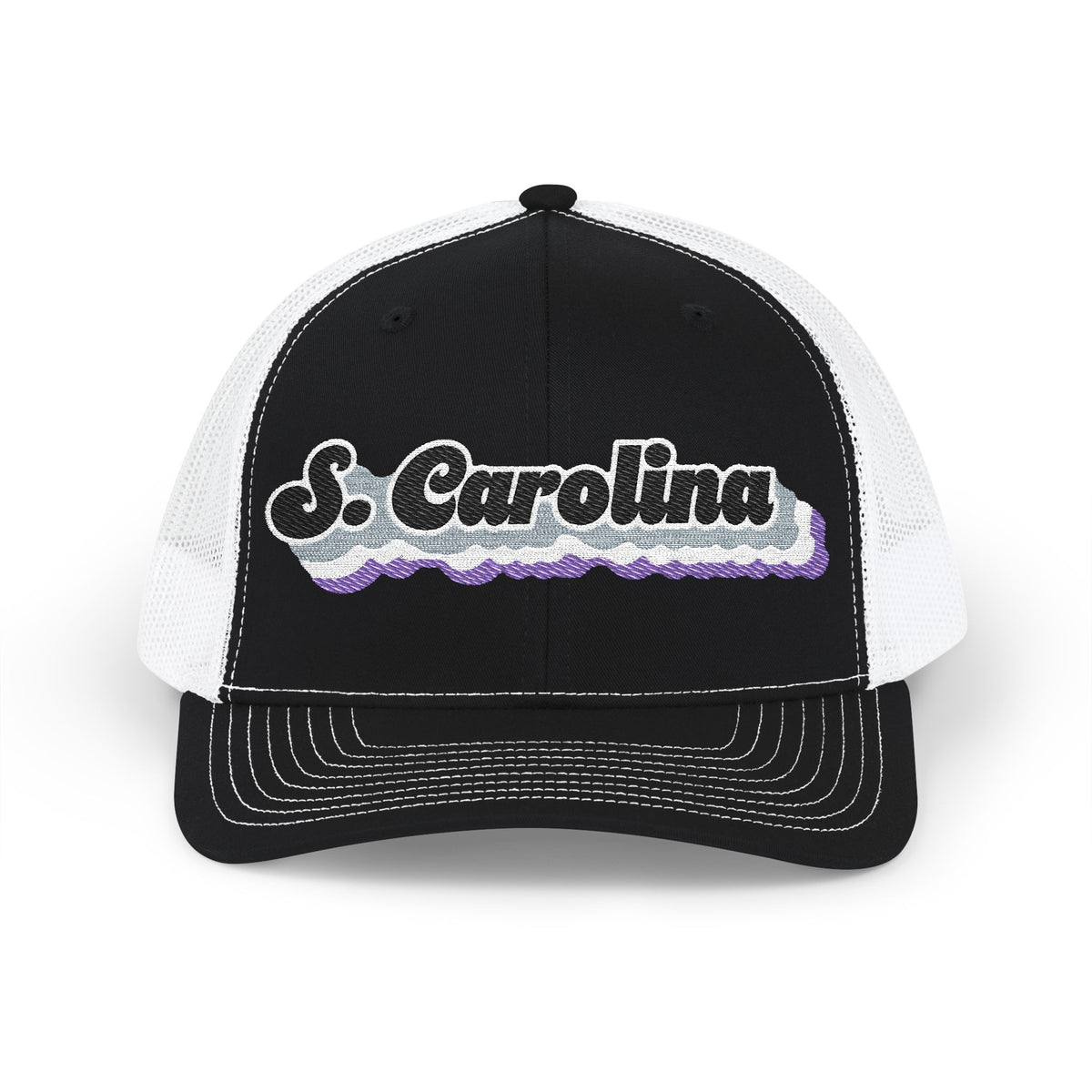 South Carolina Asexual Pride Stack Embroidered Trucker, Snapback Trucker Cap, Black front with White mesh in back