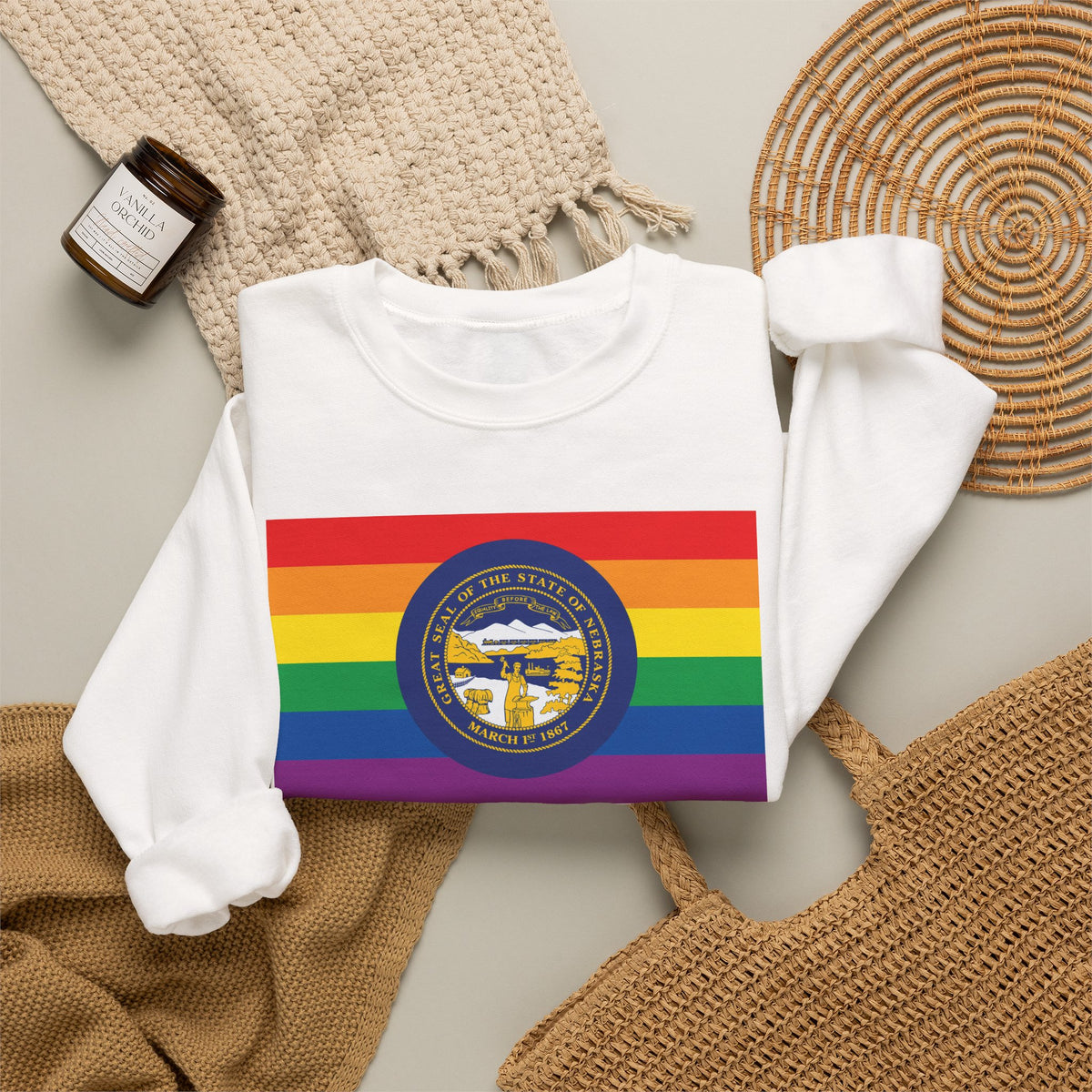 Nebraska Rainbow Pride Flag Unisex Crewneck Sweatshirt, White, Black or Light Pink