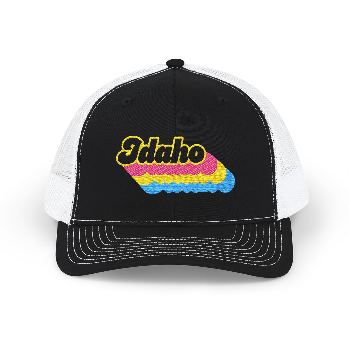 Idaho Pansexual Pride Stack Embroidered Trucker, Snapback Trucker Cap, Black front with White mesh in back