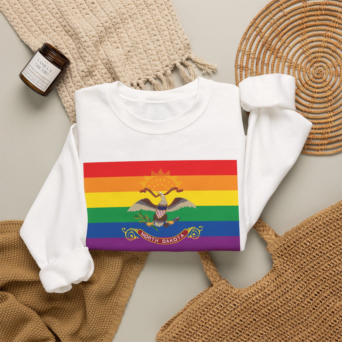 North Dakota Rainbow Pride Flag Unisex Crewneck Sweatshirt, White, Black or Light Pink