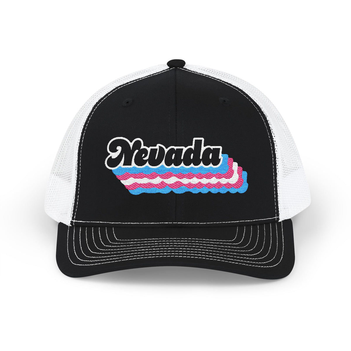 Nevada Transgender Pride Stack Embroidered Trucker, Snapback Trucker Cap, Black front with White mesh in back