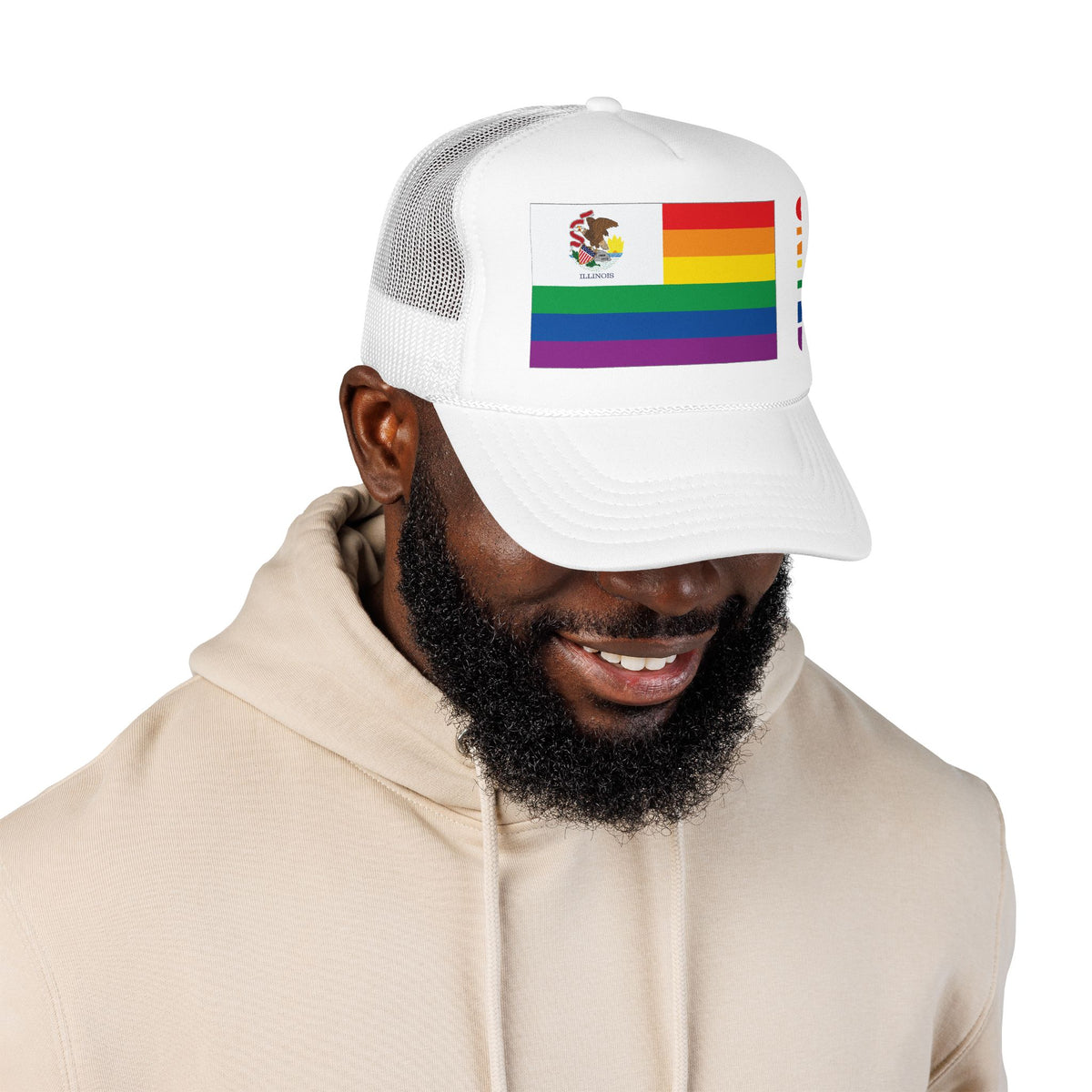 Illinois Rainbow Pride Flag "UNITED" Printed Foam Trucker Hat, Several Color Options