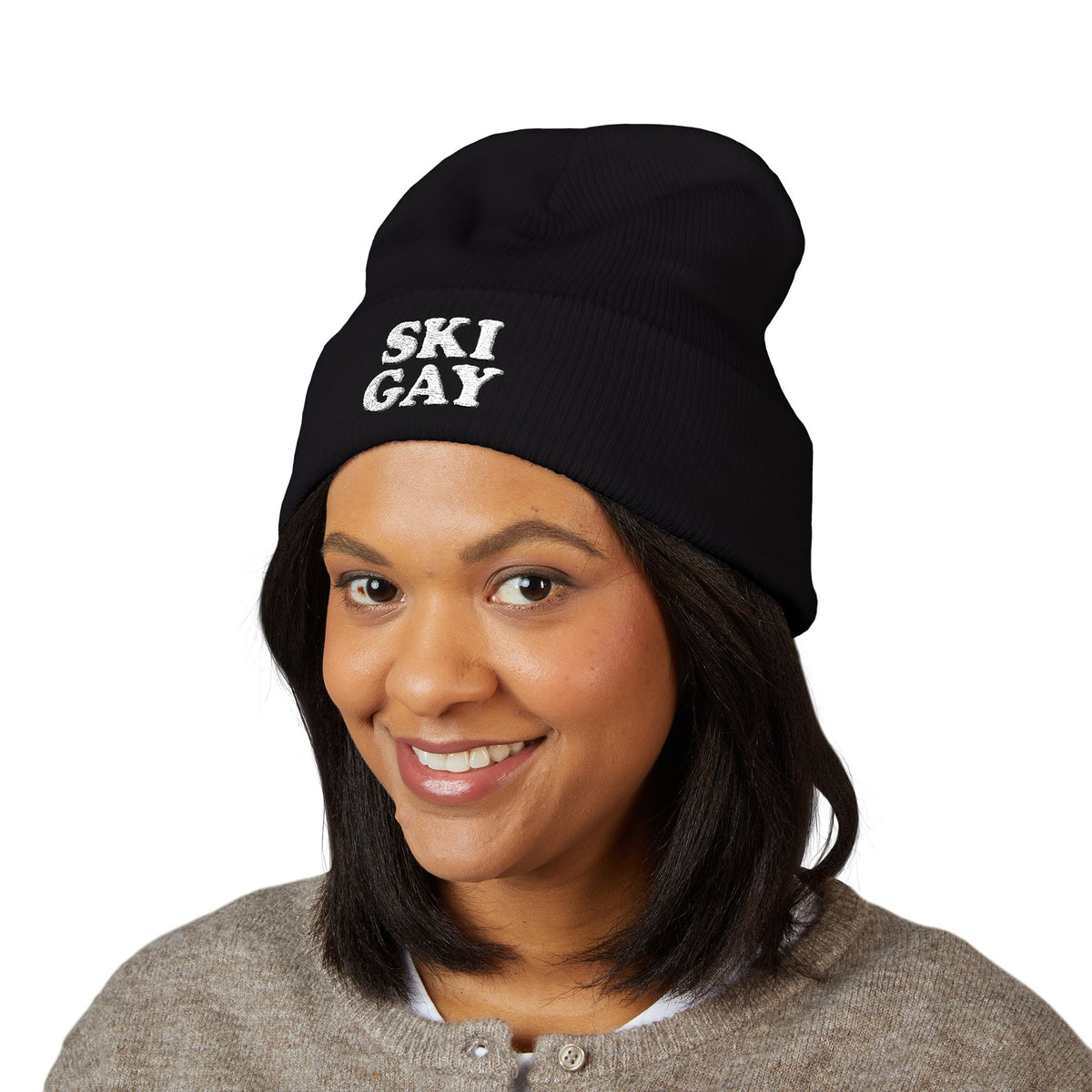 SKI GAY Knit Beanie - white deco