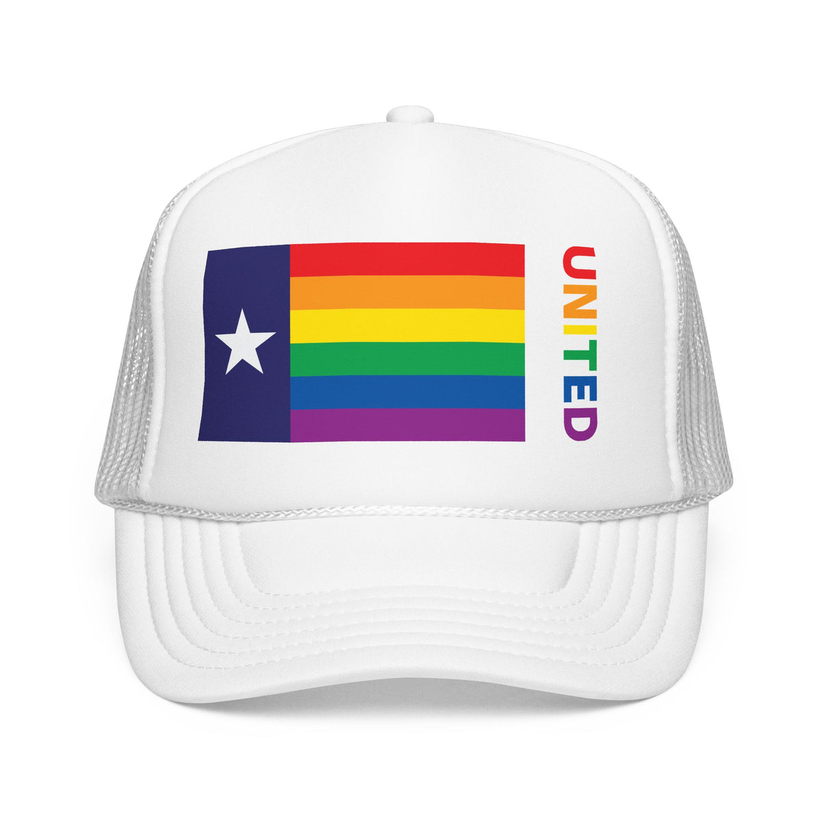 Texas Rainbow Pride Flag "UNITED" Printed Foam Trucker Hat, Several Color Options