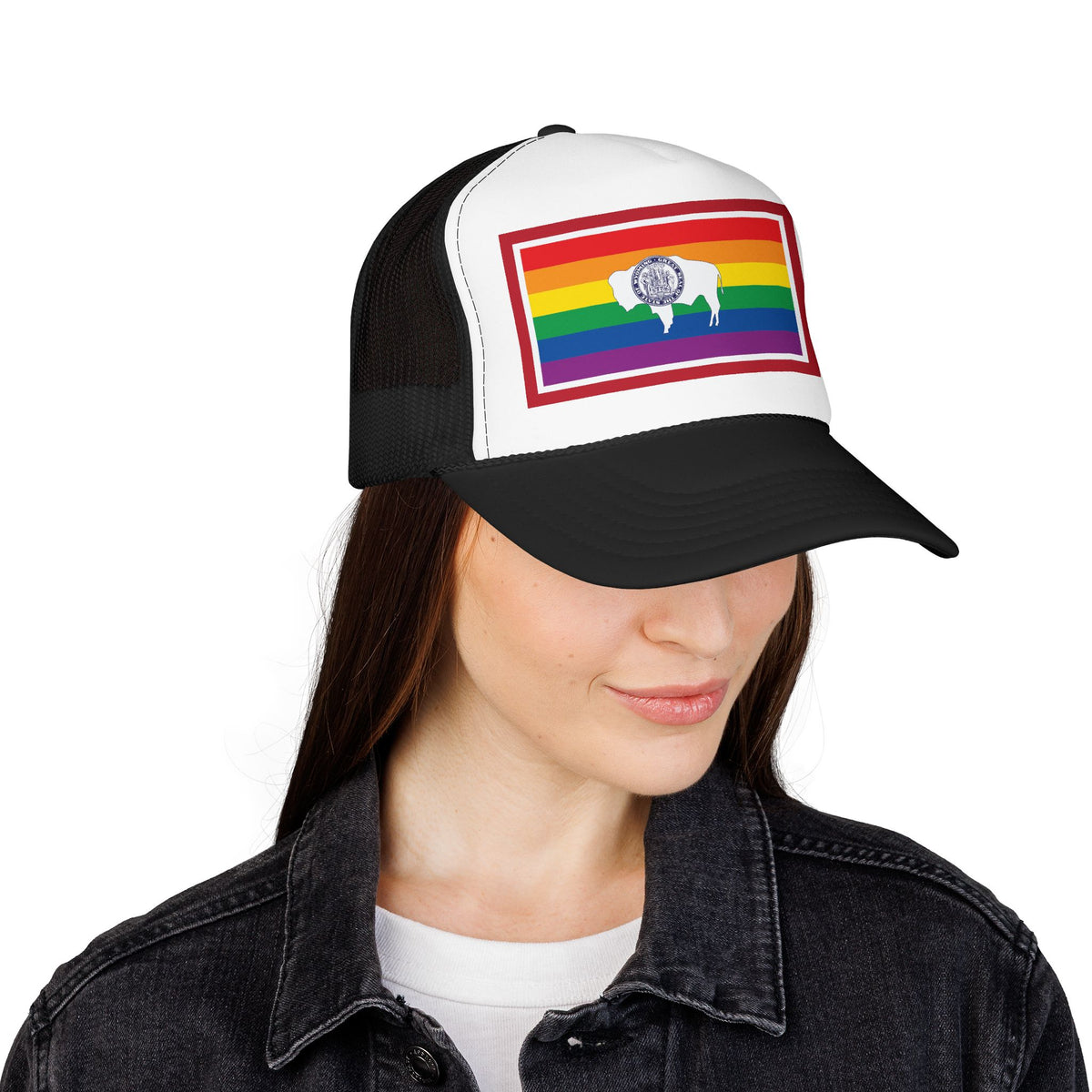 Wyoming Rainbow Pride Flag "UNITED" Printed Foam Trucker Hat, Several Color Options