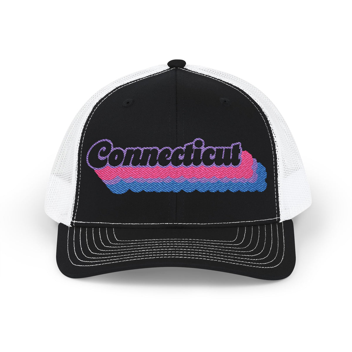 Connecticut Bisexual Pride Stack Embroidered Trucker, Snapback Trucker Cap, Black front with White mesh in back