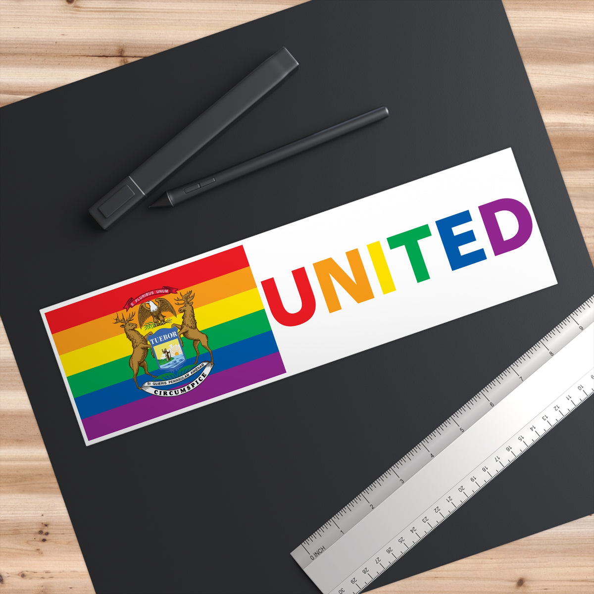 Michigan Rainbow Pride Flag "UNITED" Bumper Sticker