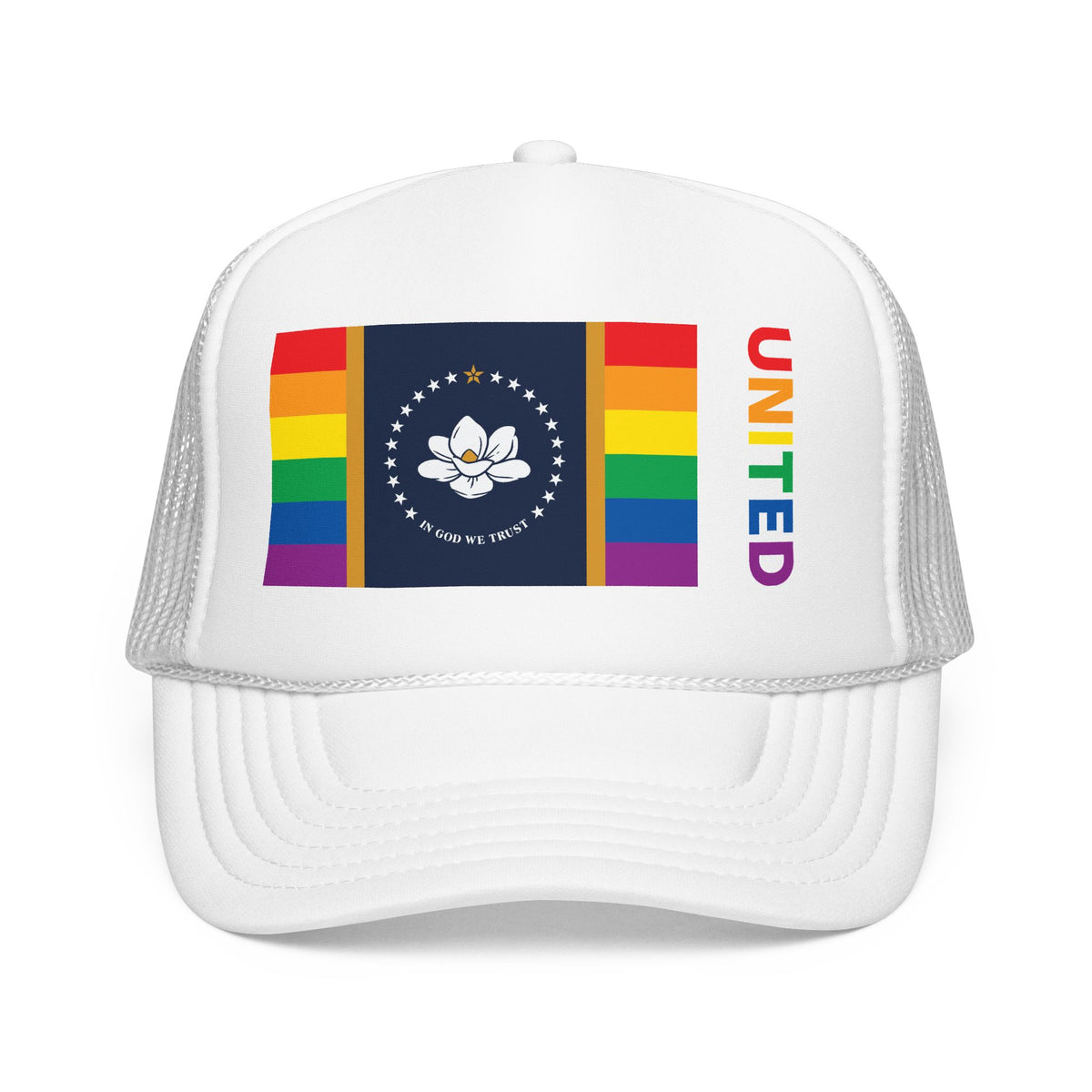 Mississippi Rainbow Pride Flag "UNITED" Printed Foam Trucker Hat, Several Color Options