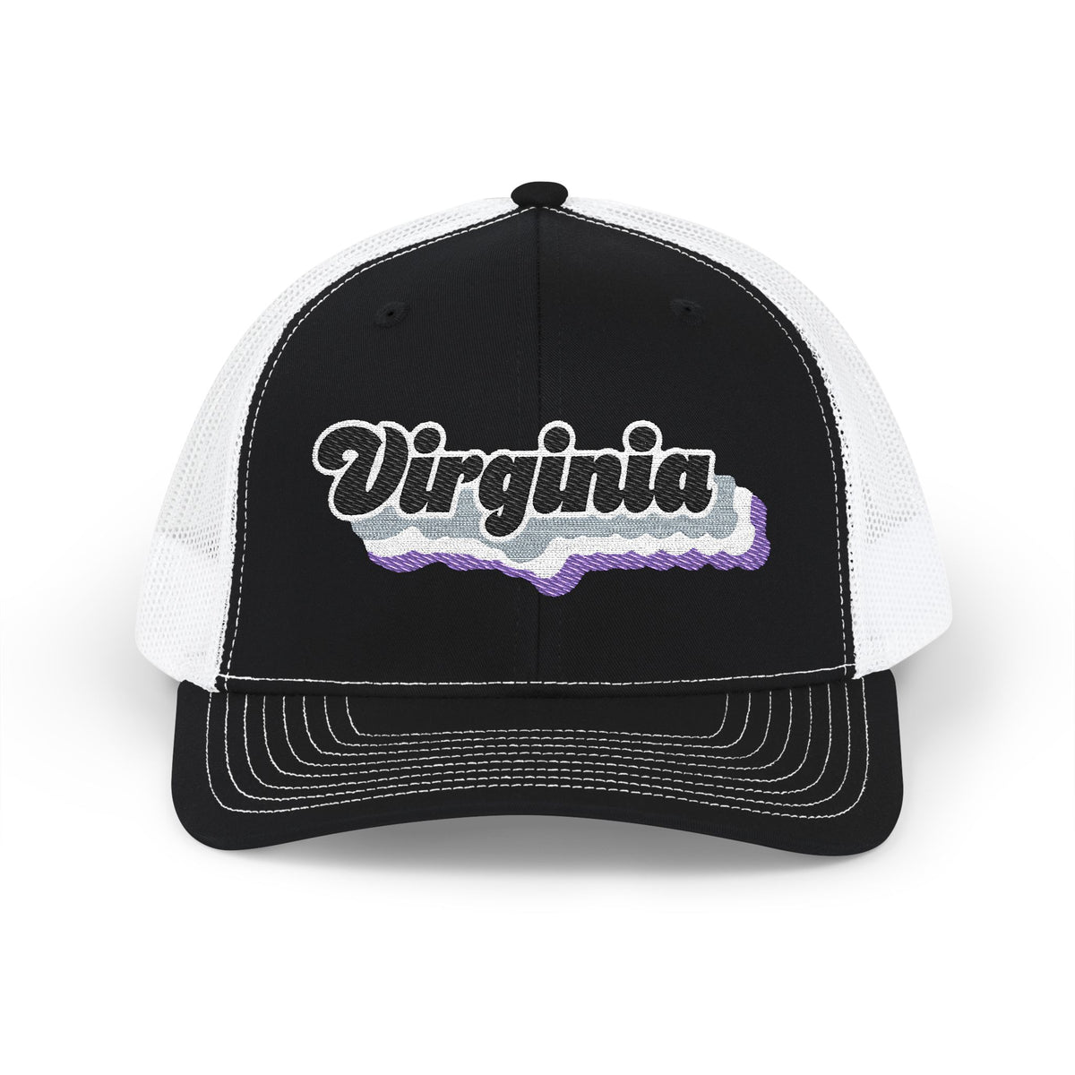 Virginia Asexual Pride Stack Embroidered Trucker, Snapback Trucker Cap, Black front with White mesh in back