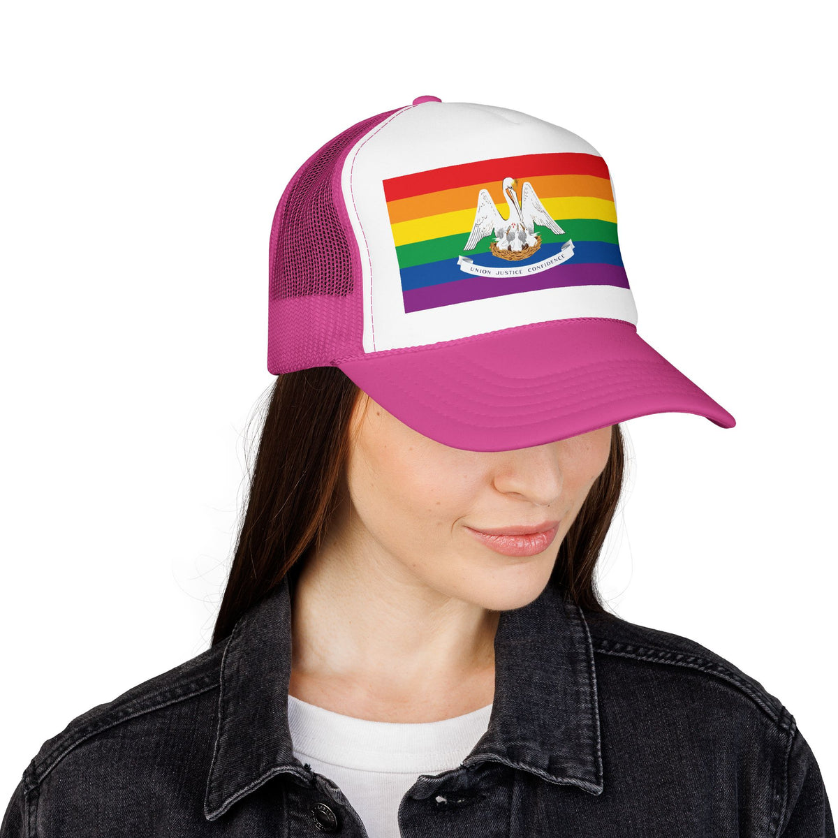 Louisiana Rainbow Pride Flag "UNITED" Printed Foam Trucker Hat, Several Color Options