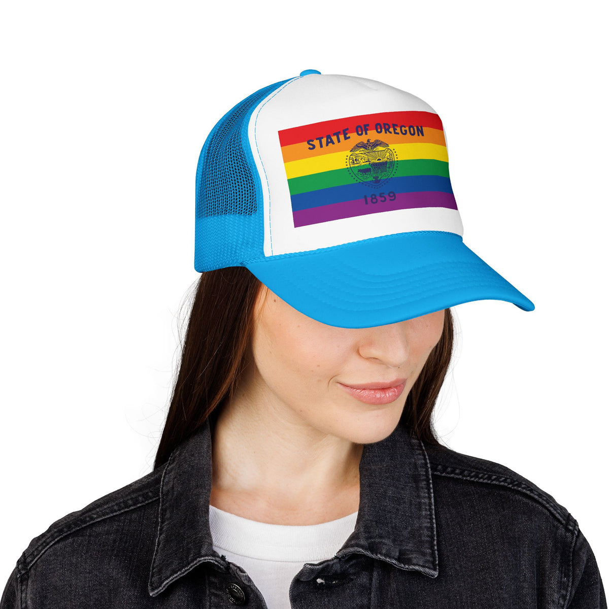 Oregon Rainbow Pride Flag "UNITED" Printed Foam Trucker Hat, Several Color Options