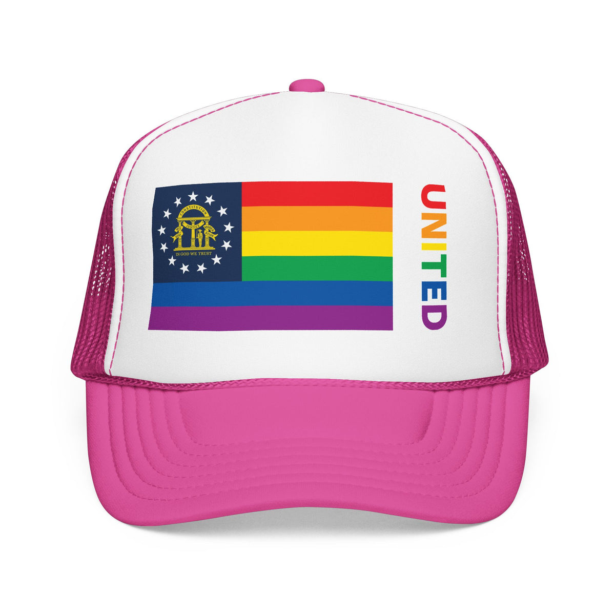 Georgia Rainbow Pride Flag "UNITED" Printed Foam Trucker Hat, Several Color Options
