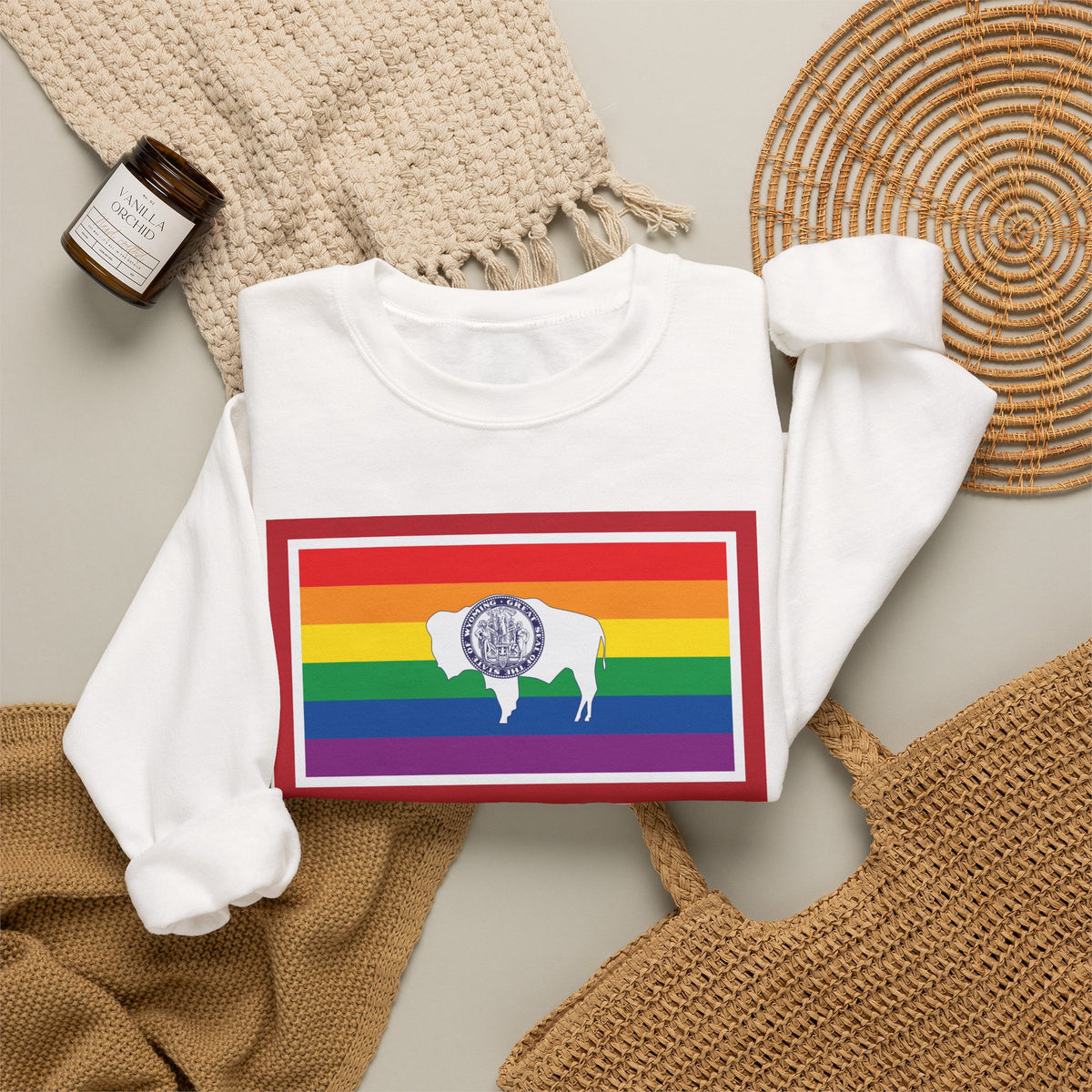 Wyoming Rainbow Pride Flag Unisex Crewneck Sweatshirt, White, Black or Light Pink