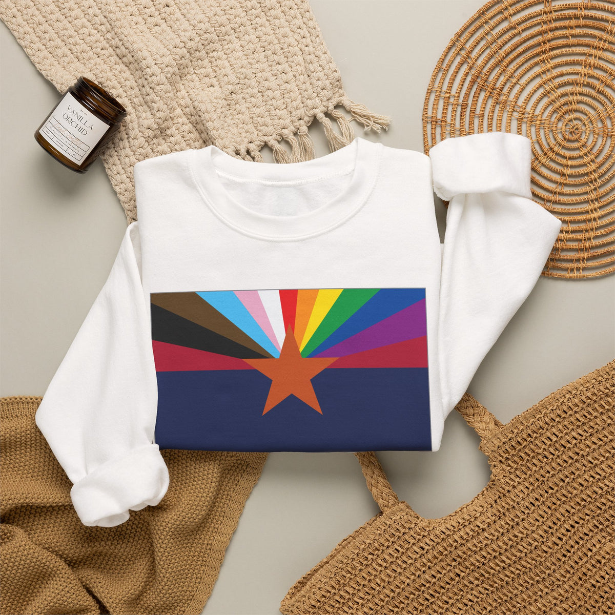 Arizona Rainbow Pride Flag Unisex Crewneck Sweatshirt, White, Black or Light Pink