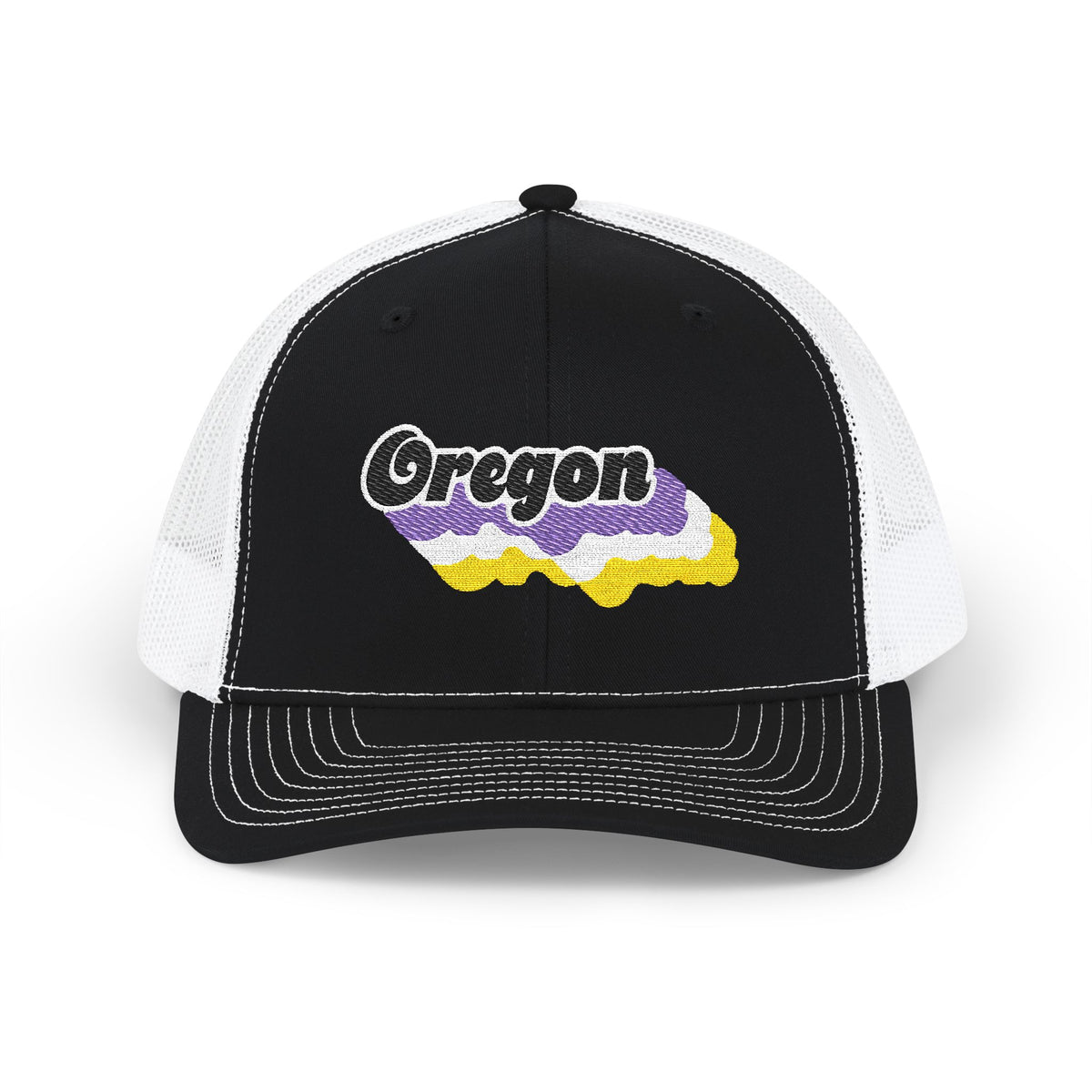 Oregon Non-binary Pride Stack Embroidered Trucker, Snapback Trucker Cap, Black front with White mesh in back