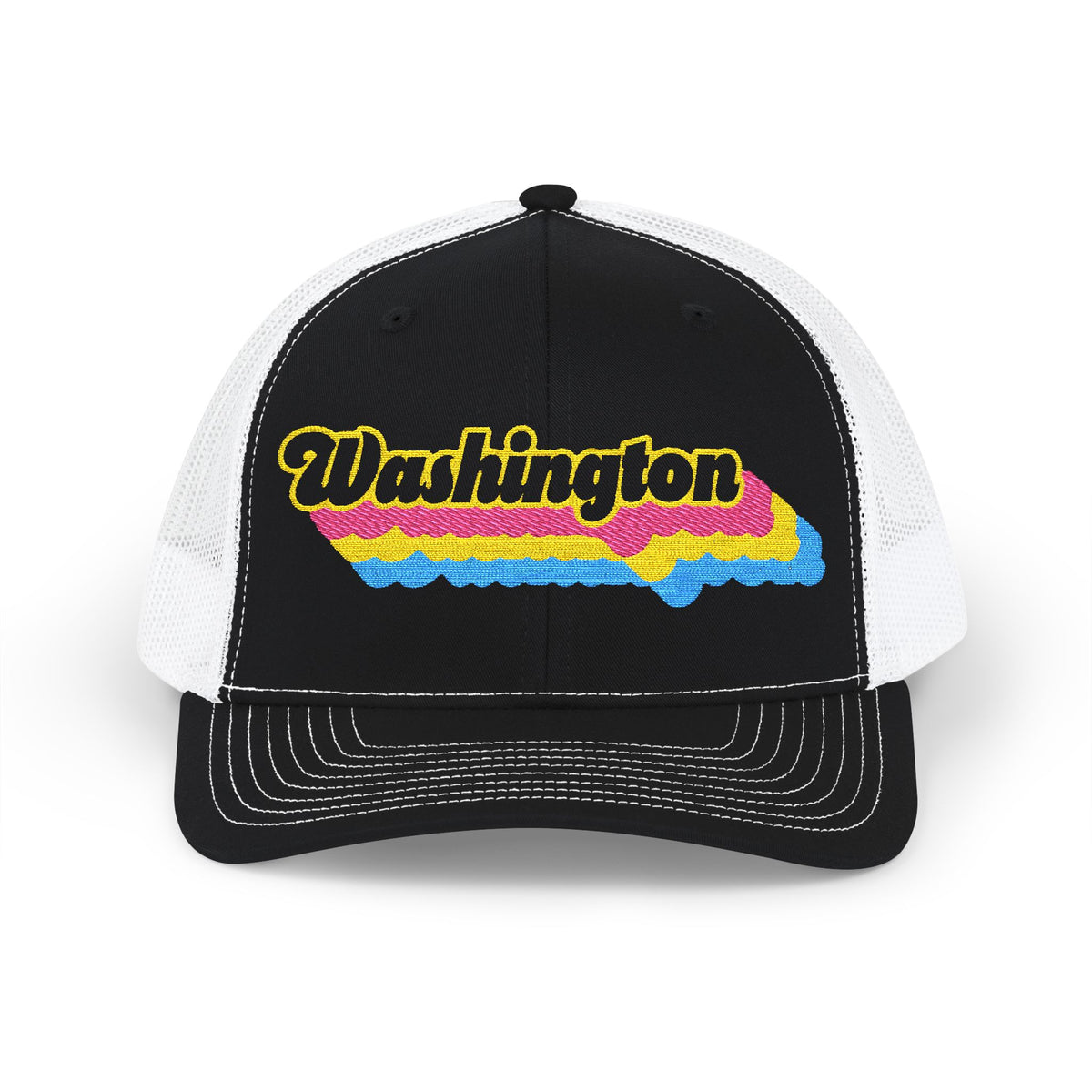 Washington Pansexual Pride Stack Embroidered Trucker, Snapback Trucker Cap, Black front with White mesh in back