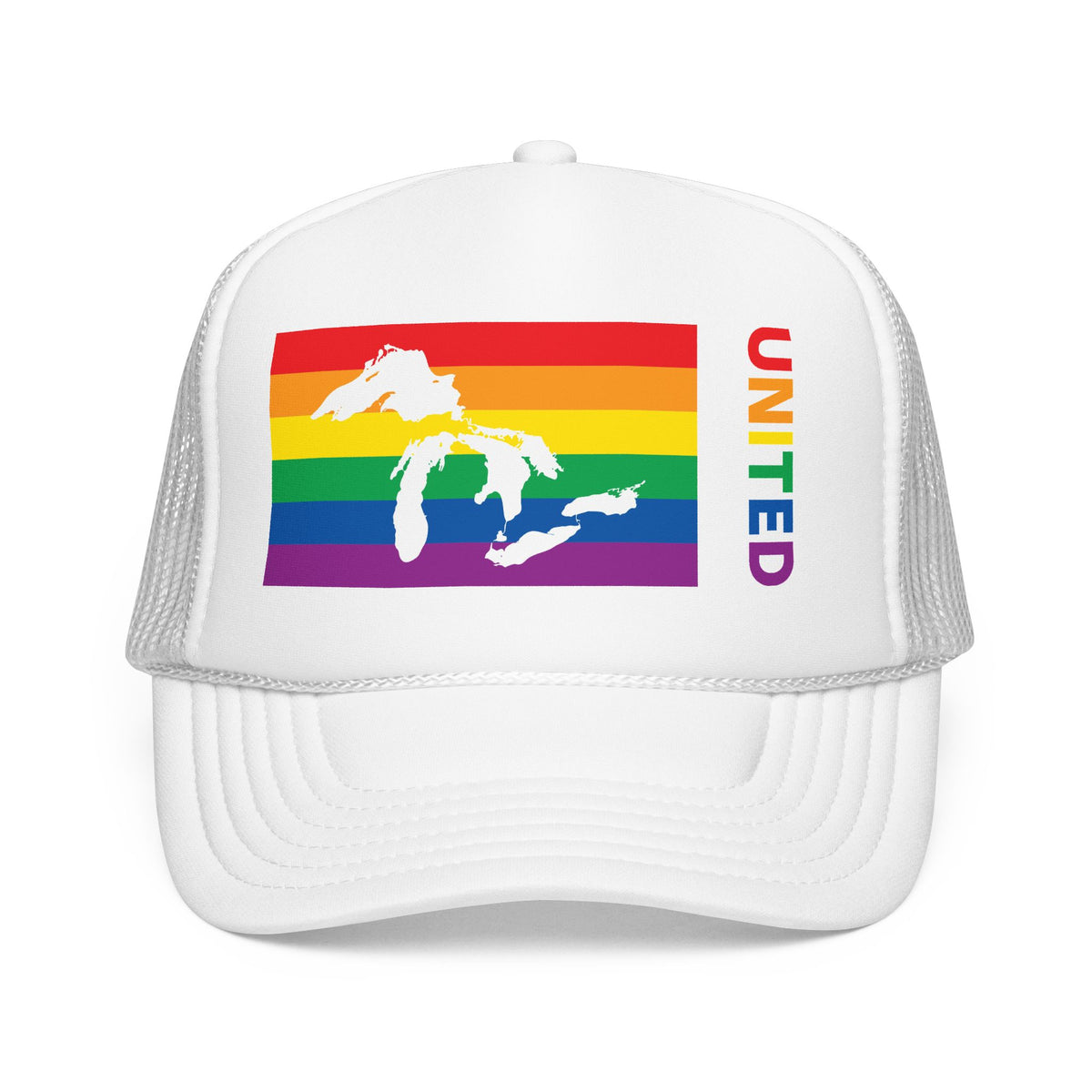 Great Lakes Region Rainbow Pride Flag "UNITED" Printed Foam Trucker Hat, Several Color Options