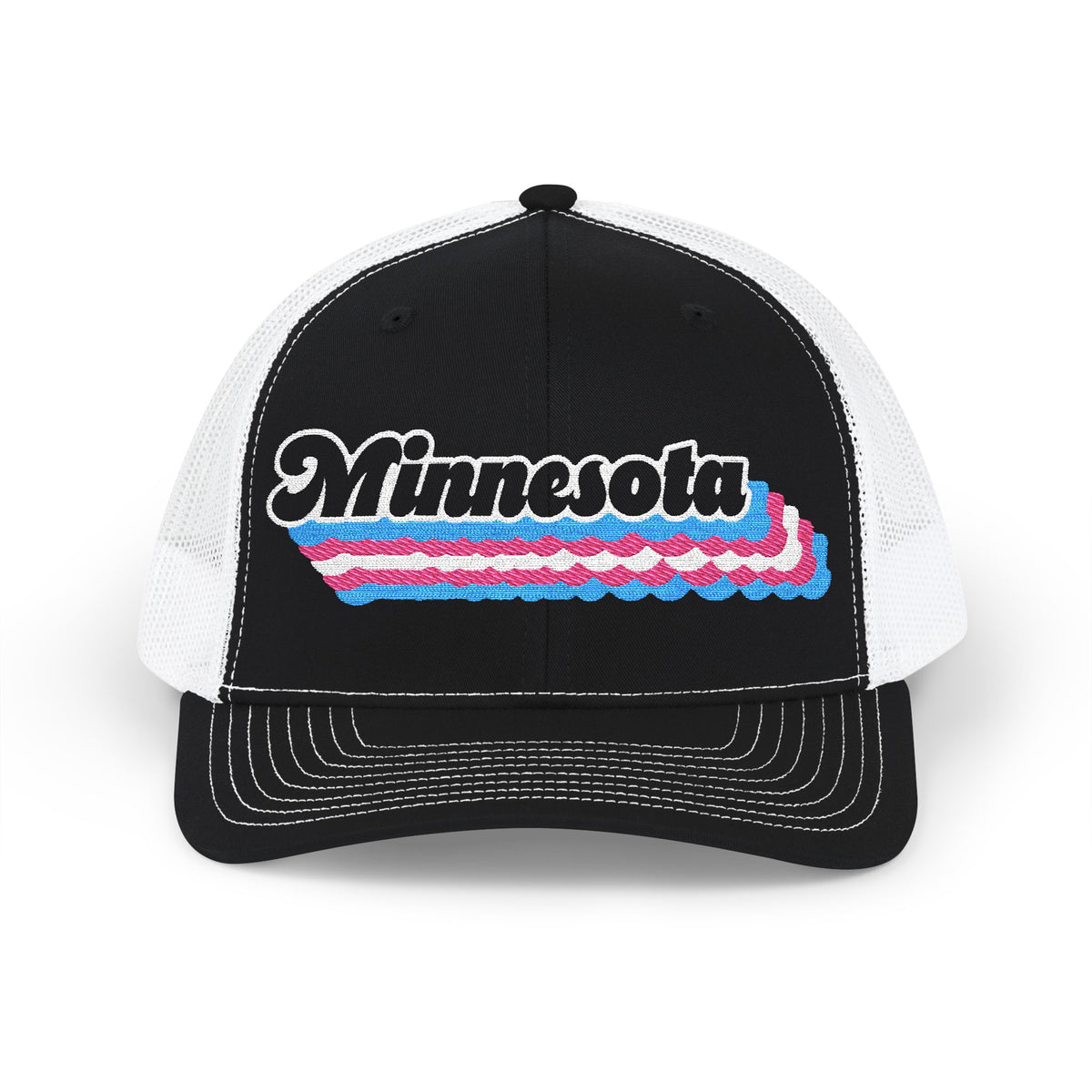 Minnesota Transgender Pride Stack Embroidered Trucker, Snapback Trucker Cap, Black front with White mesh in back