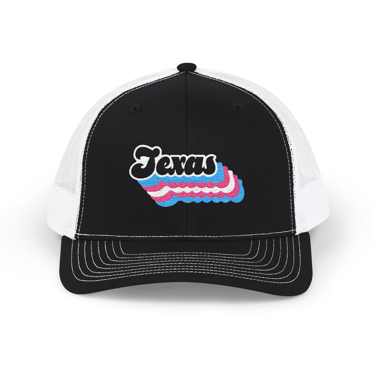 Texas Transgender Pride Stack Embroidered Trucker, Snapback Trucker Cap, Black front with White mesh in back