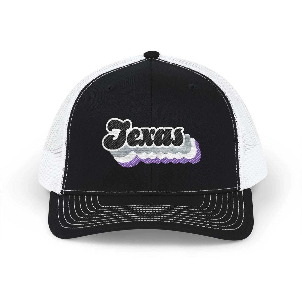 Texas Asexual Pride Stack Embroidered Trucker, Snapback Trucker Cap, Black front with White mesh in back