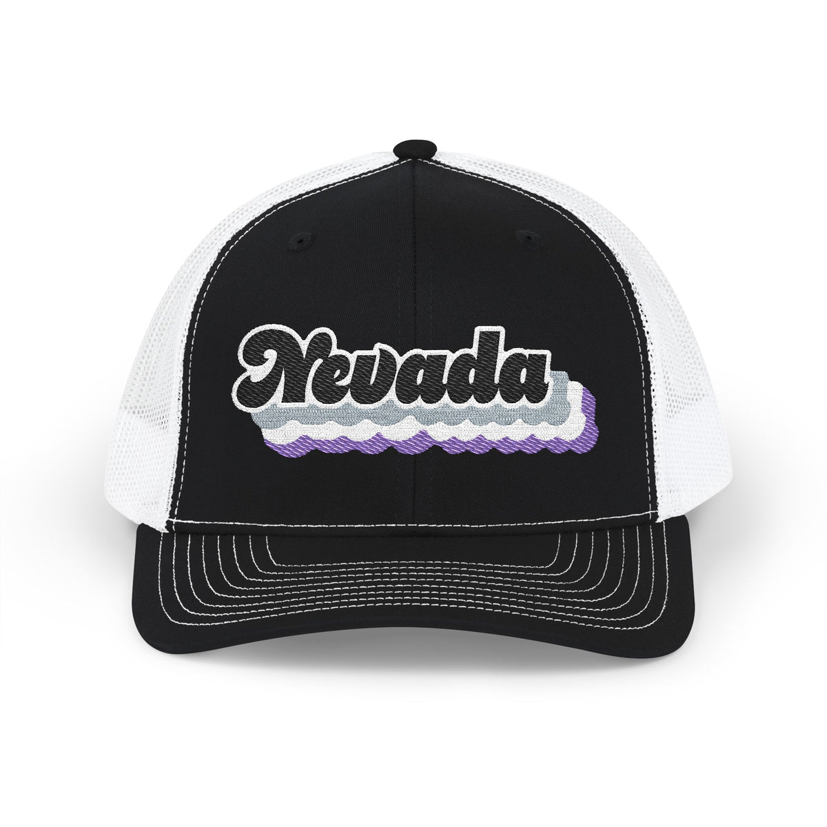 Nevada Asexual Pride Stack Embroidered Trucker, Snapback Trucker Cap, Black front with White mesh in back