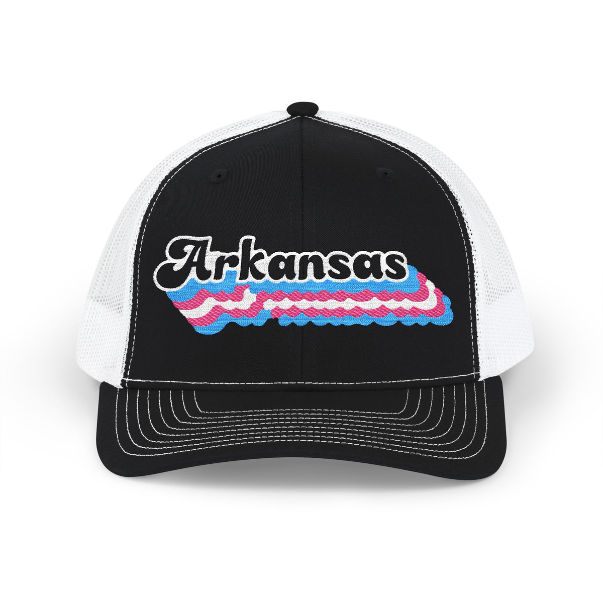 Arkansas Transgender Pride Stack Embroidered Trucker, Snapback Trucker Cap, Black front with White mesh in back