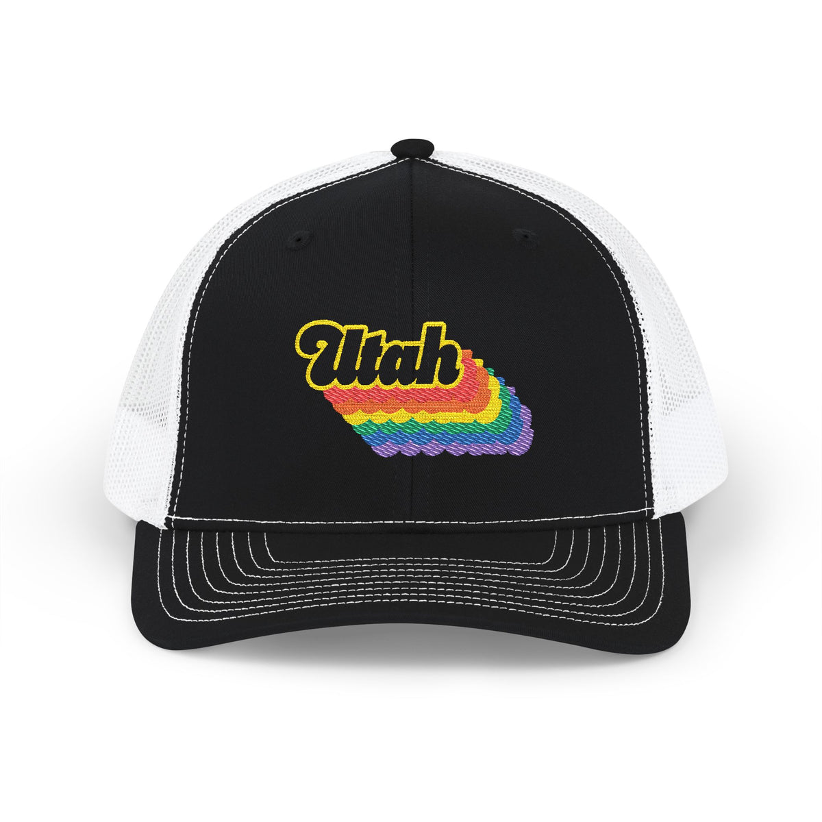 Utah Retro Rainbow Stack Embroidered Trucker, Snapback Trucker Cap, Black front with White mesh in back