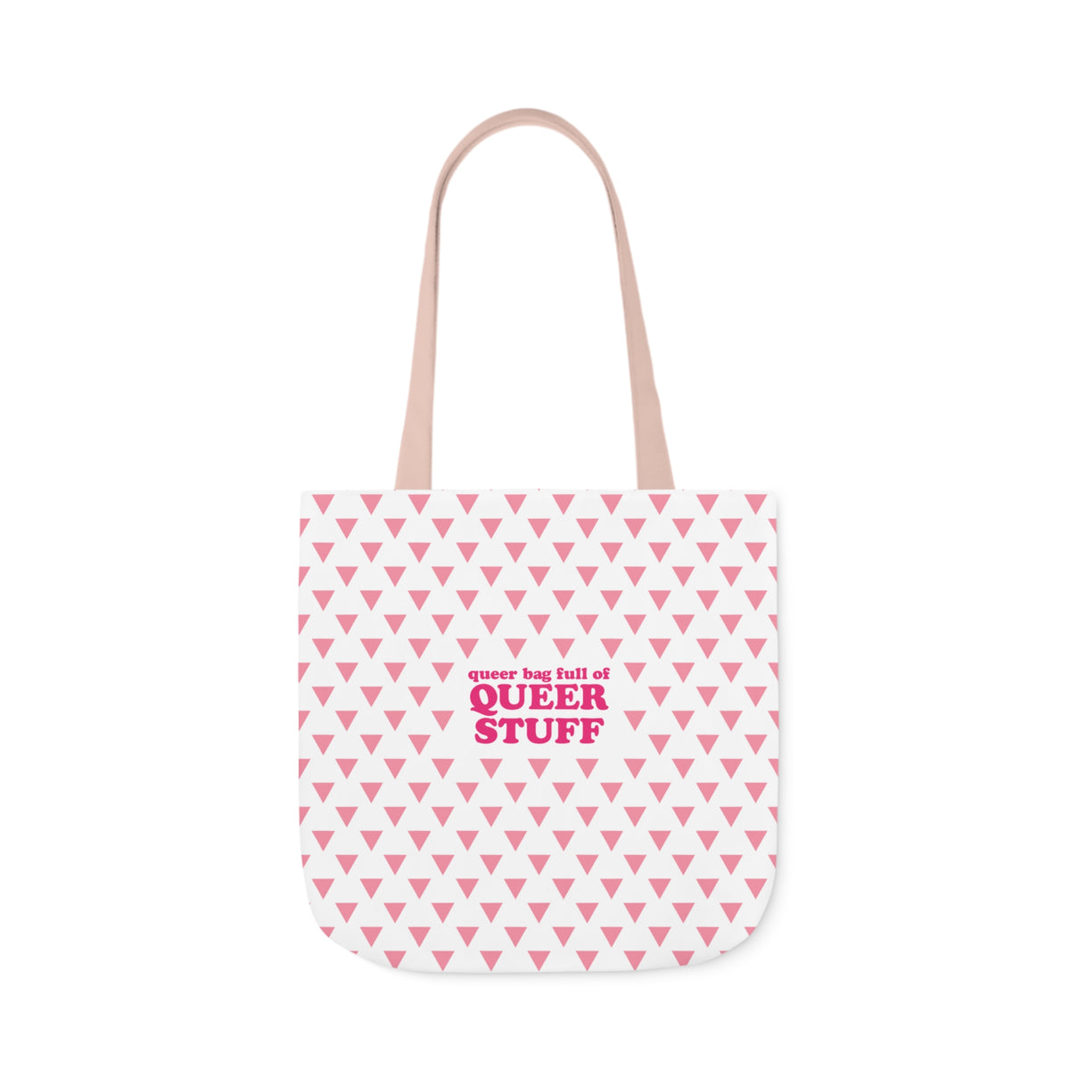 Queer Bag Full of QUEER STUFF Canvas Tote Bag - White with Pink Deck; Straps in White, Light Blue and Light Pink