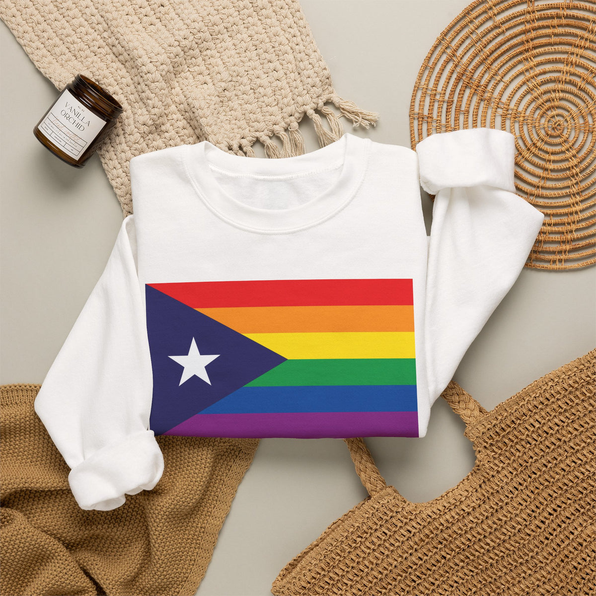 Puerto Rico Rainbow Pride Flag Unisex Crewneck Sweatshirt, White, Black or Light Pink