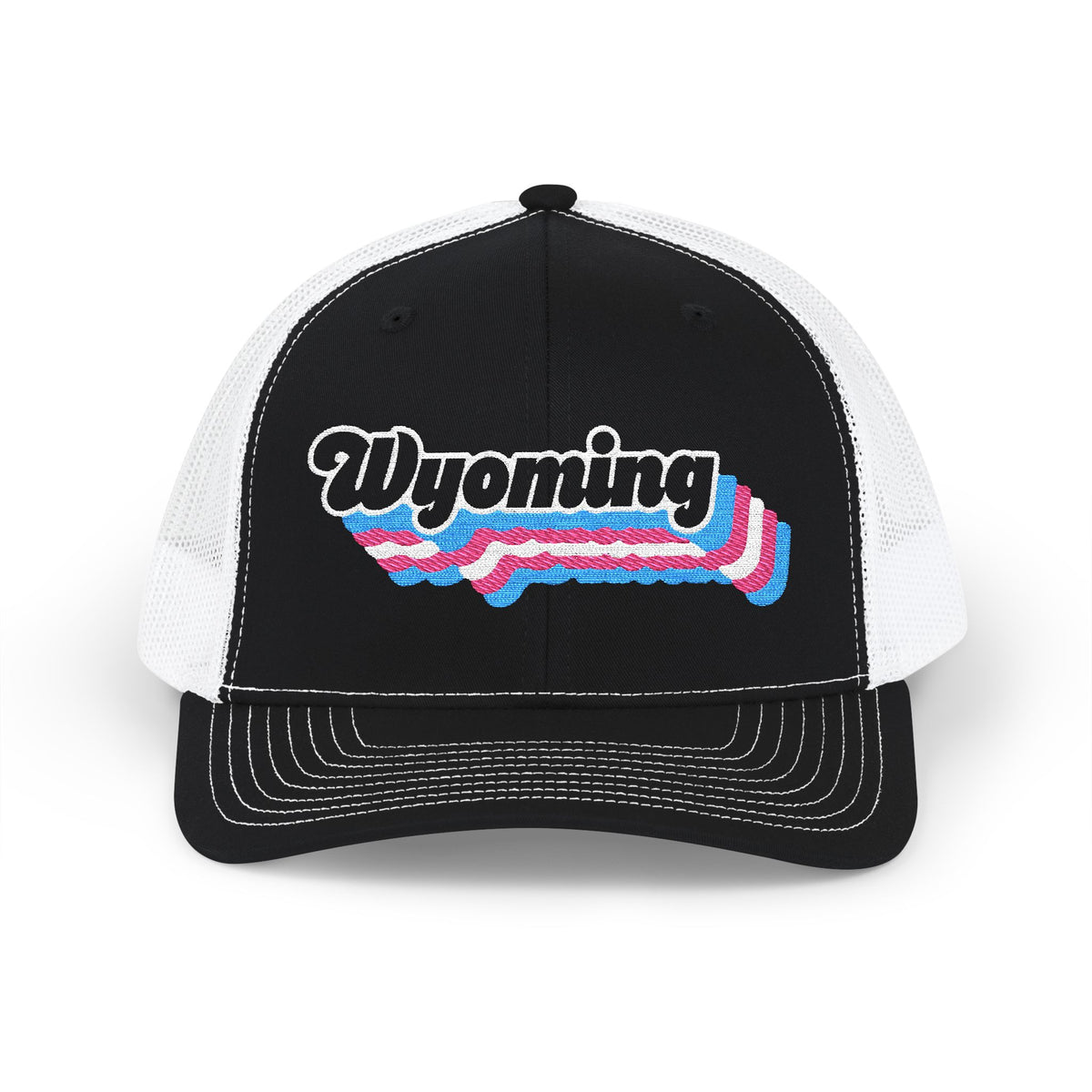 Wyoming Transgender Pride Stack Embroidered Trucker, Snapback Trucker Cap, Black front with White mesh in back