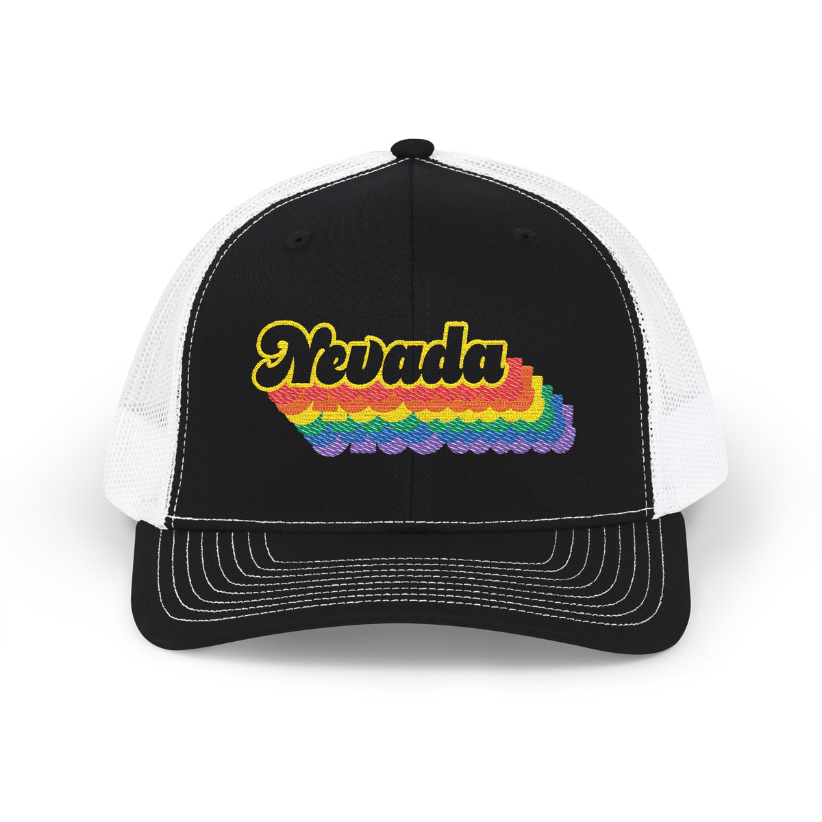 Nevada Retro Rainbow Stack Embroidered Trucker, Snapback Trucker Cap, Black front with White mesh in back