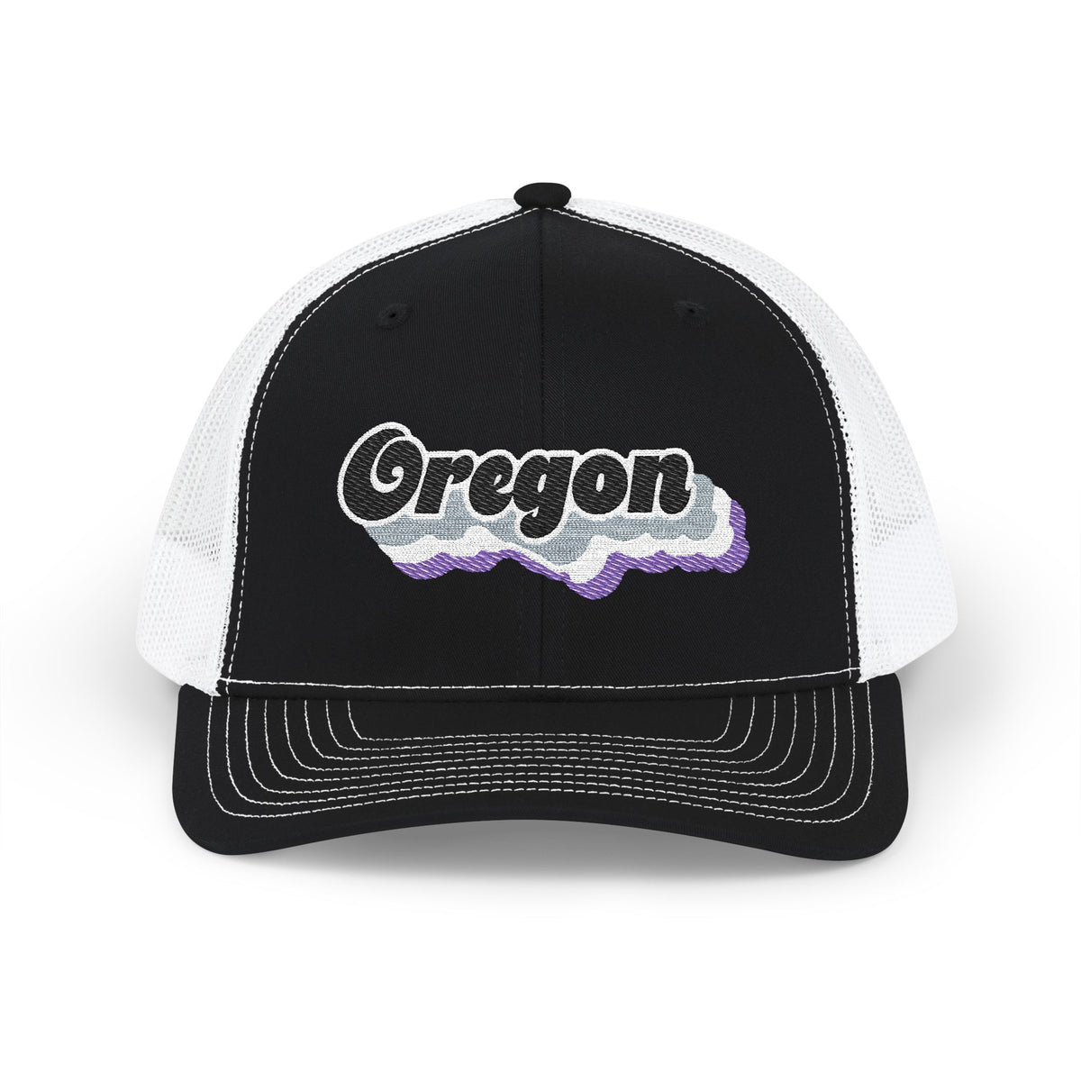 Oregon Asexual Pride Stack Embroidered Trucker, Snapback Trucker Cap, Black front with White mesh in back