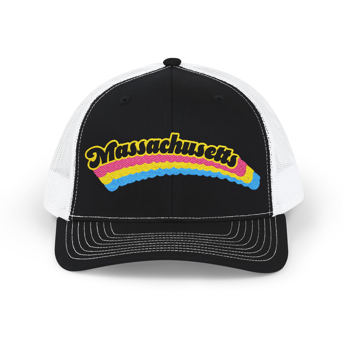 Massachusetts Pansexual Pride Stack Embroidered Trucker, Snapback Trucker Cap, Black front with White mesh in back