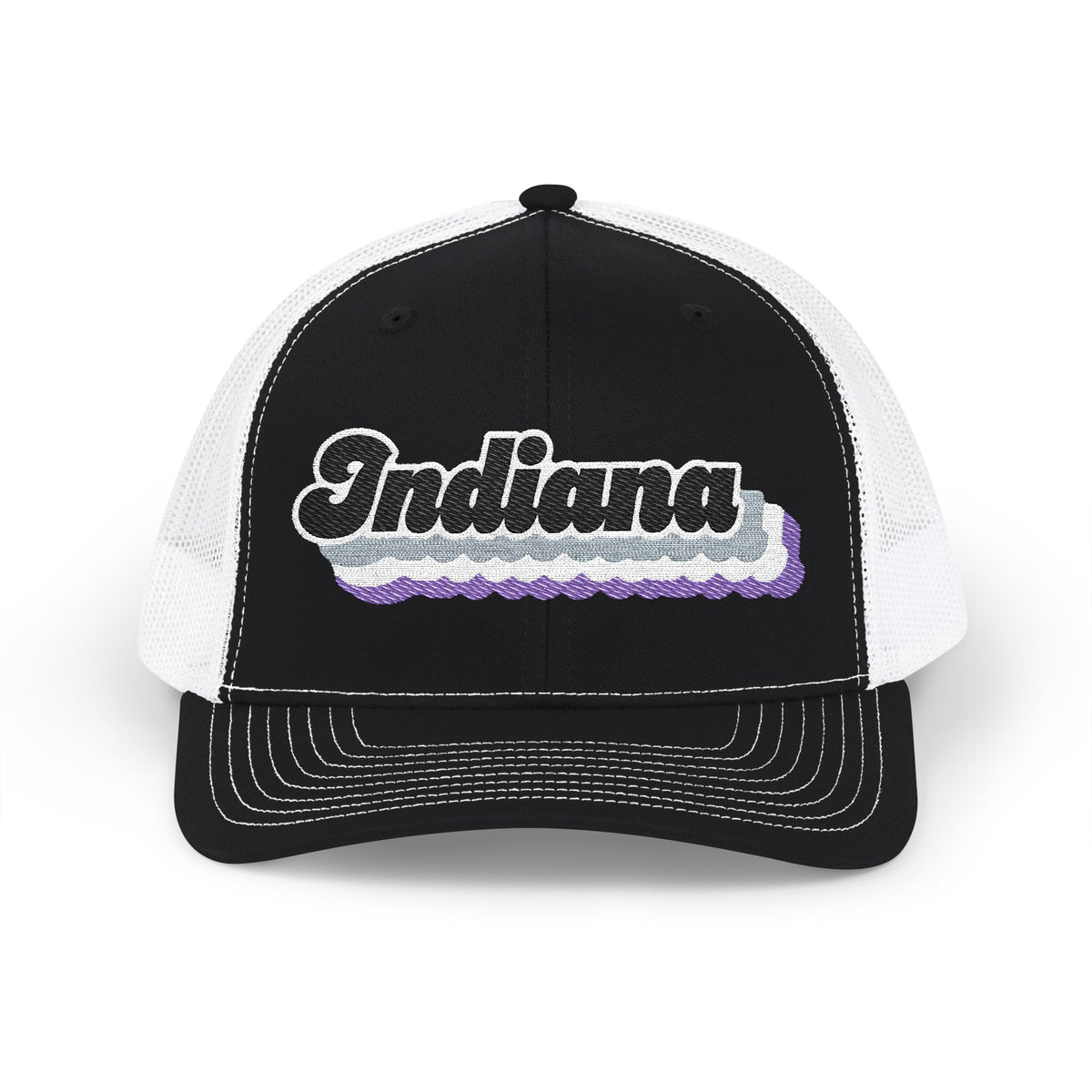 Indiana Asexual Pride Stack Embroidered Trucker, Snapback Trucker Cap, Black front with White mesh in back