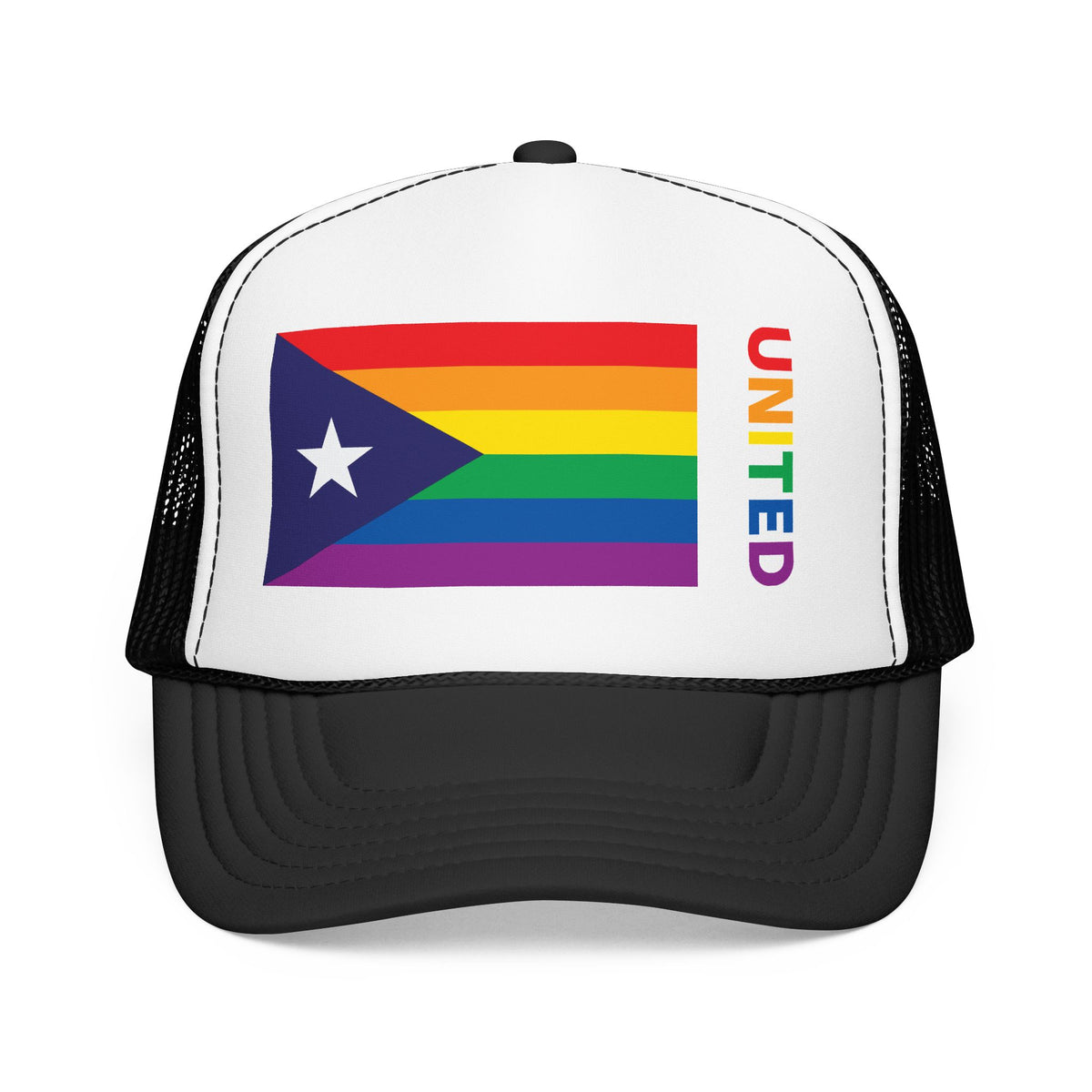 Puerto Rico Rainbow Pride Flag "UNITED" Printed Foam Trucker Hat, Several Color Options