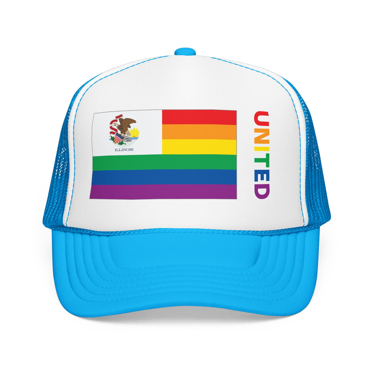 Illinois Rainbow Pride Flag "UNITED" Printed Foam Trucker Hat, Several Color Options